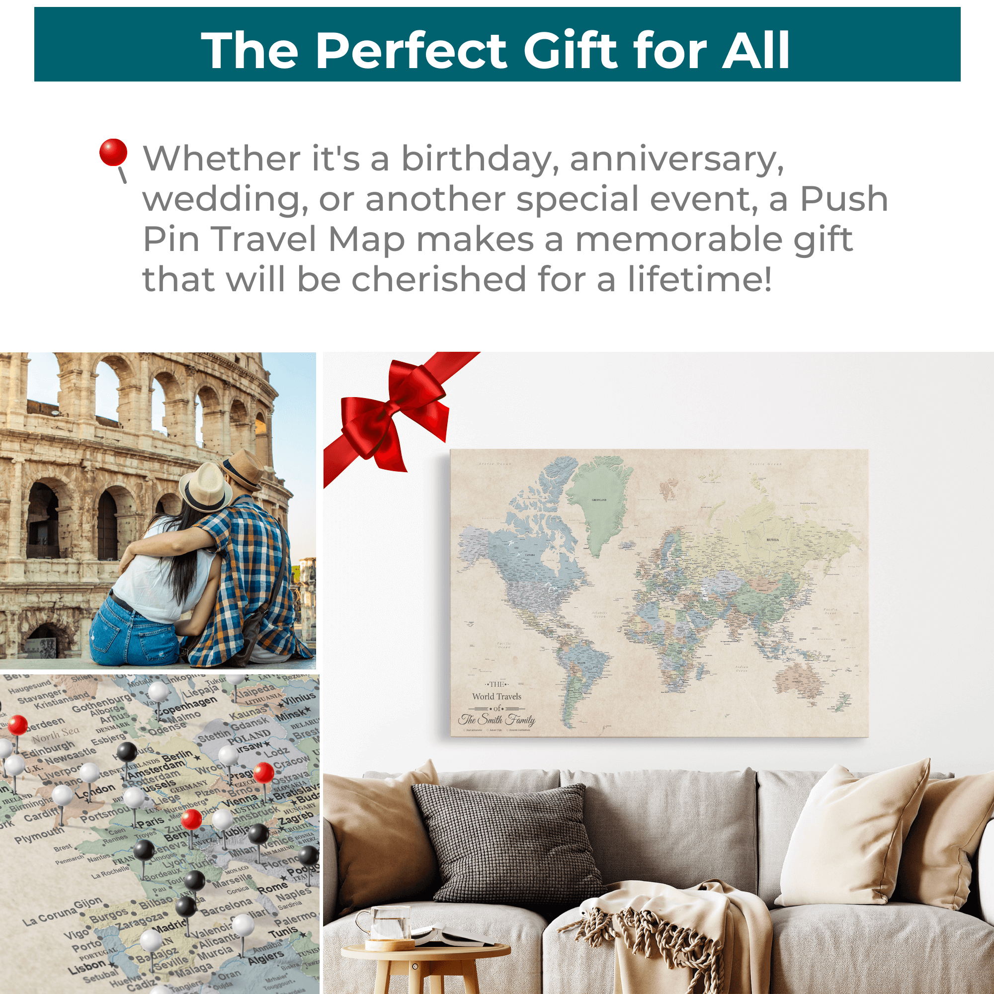 Personalized Sandy Dreams push pin world travel map canvas gift displayed above living room sofa