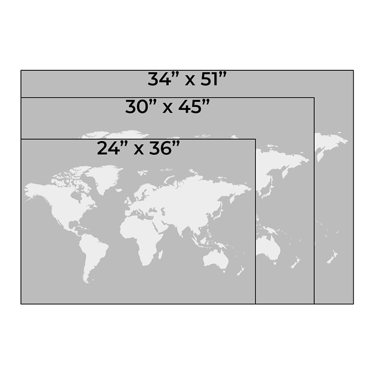 Size comparison chart showing three available dimensions for Gallery Wrapped Midnight Dream World Push Pin Map canvas prints