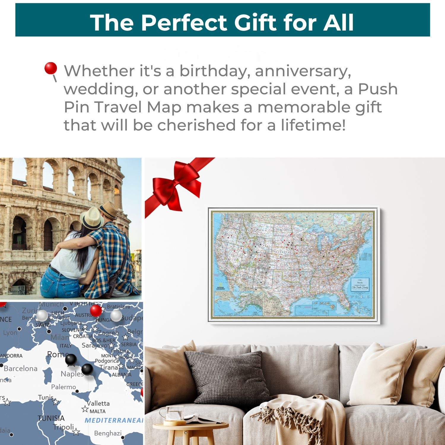 Classic USA travel pin map displayed as perfect gift with red bow on living room wall above couch