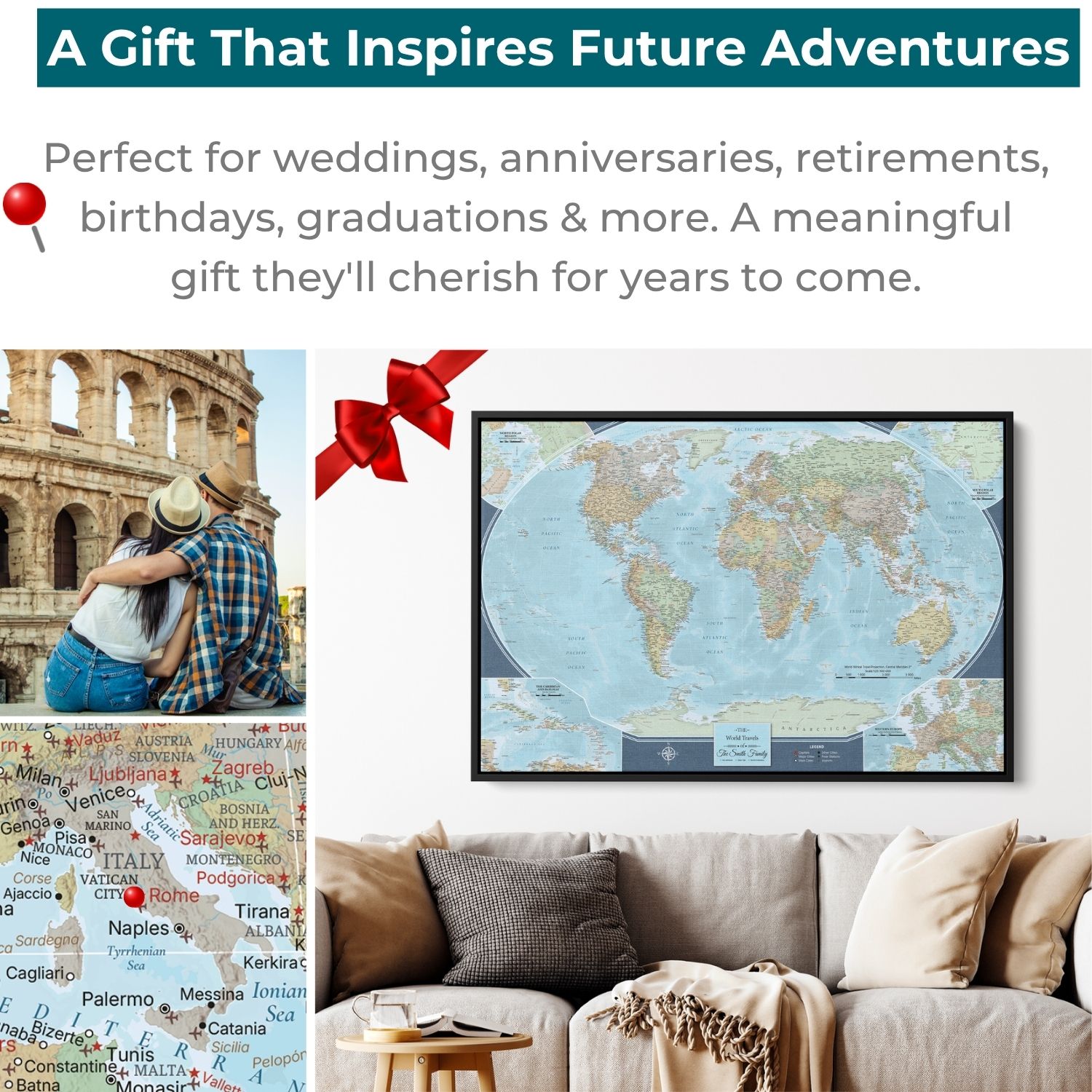Gallery Wrapped - Signature World Travel Map with pins - Stretched Canvas