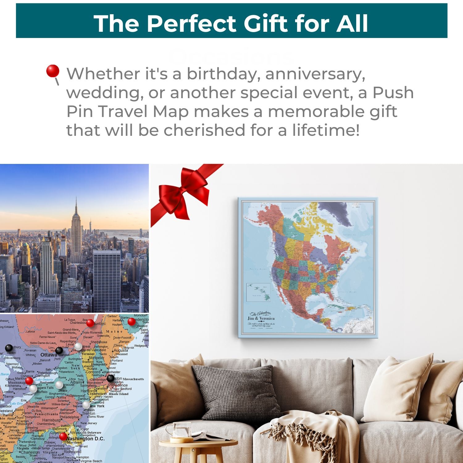 Personalized Blue Oceans North America push pin travel map canvas gift displayed in living room
