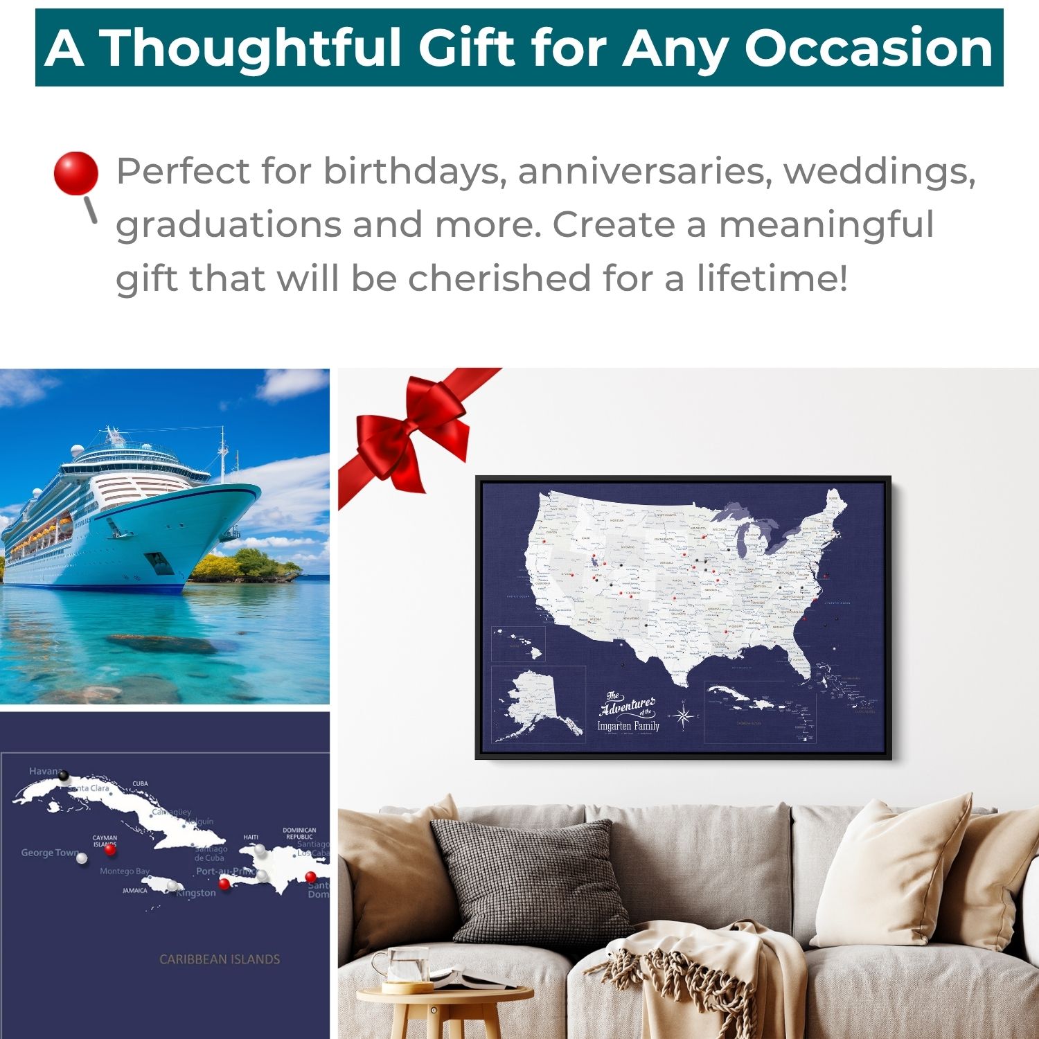 Personalized navy canvas USA and Caribbean travel map with red pins hung above living room sofa gift