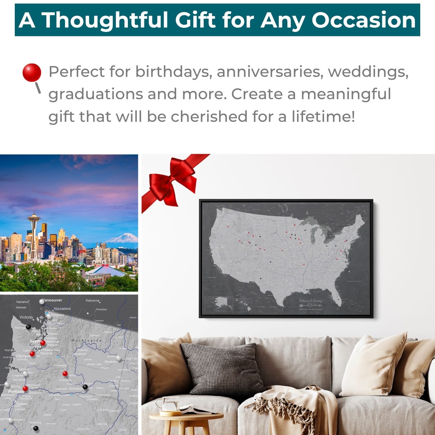 Stormy Dreams USA travel map with pins displayed as thoughtful gift on living room wall