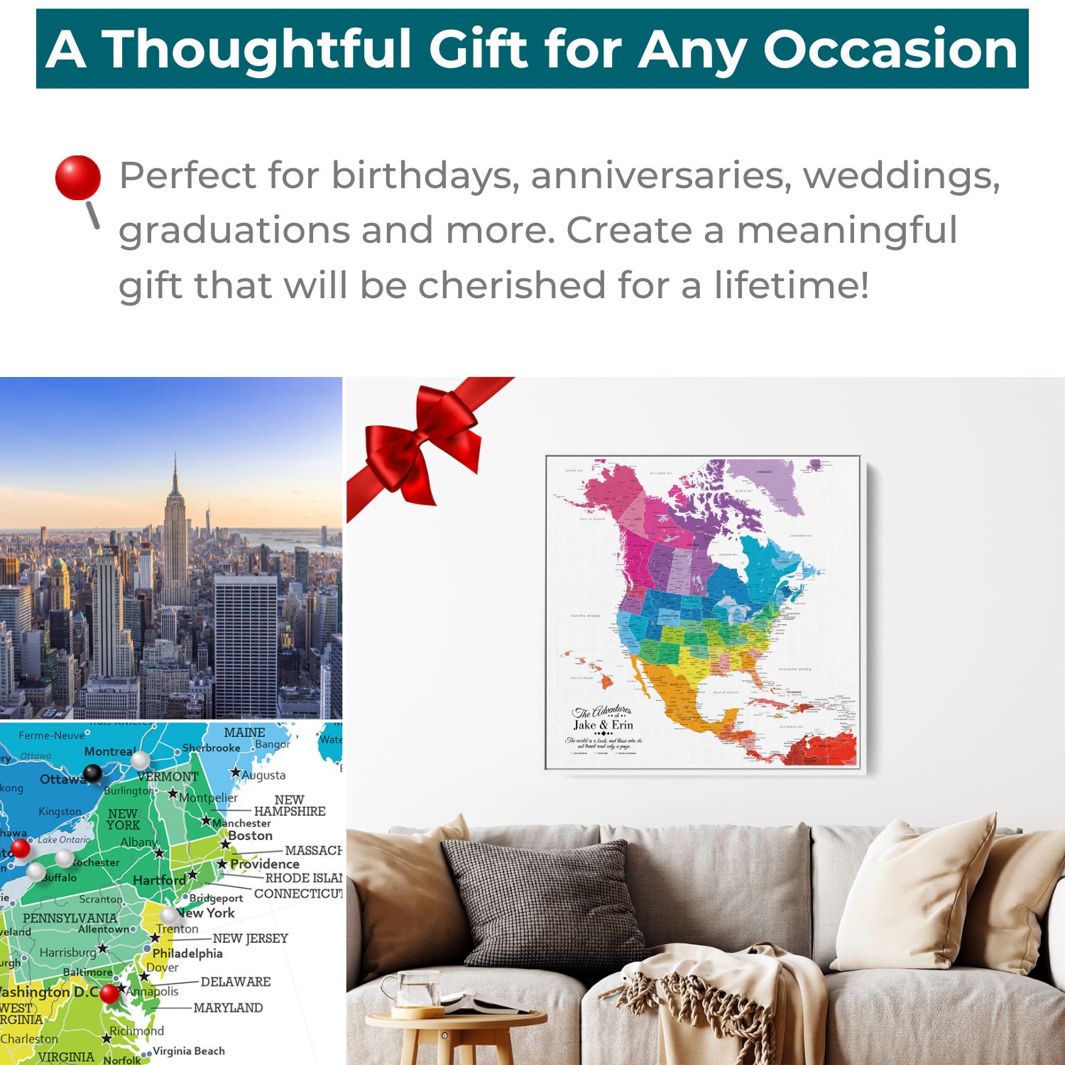 Colorful North America travel map with pins displayed above living room sofa thoughtful personalized gift