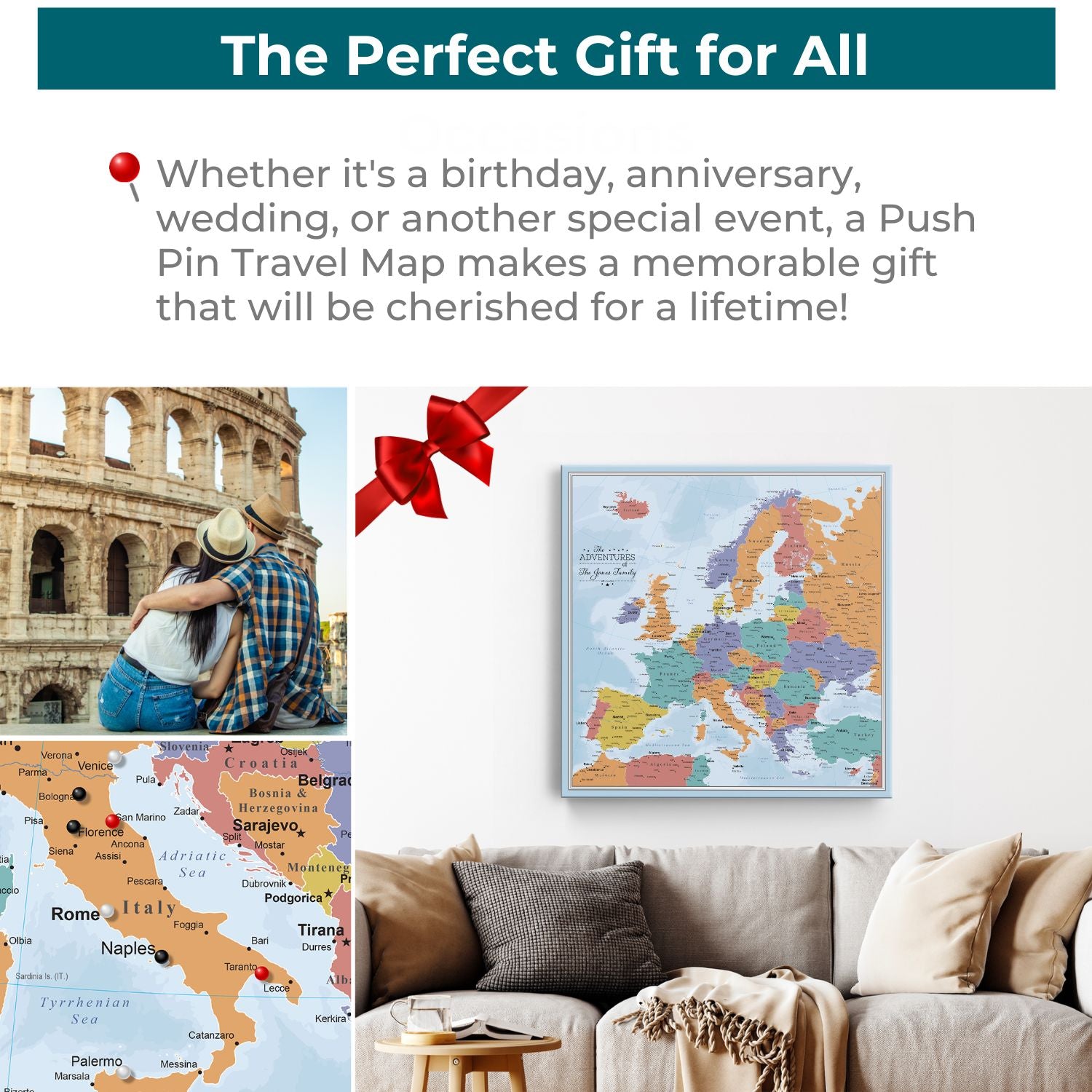 Personalized blue oceans Europe push pin travel map with gallery wrap displayed above couch as gift idea