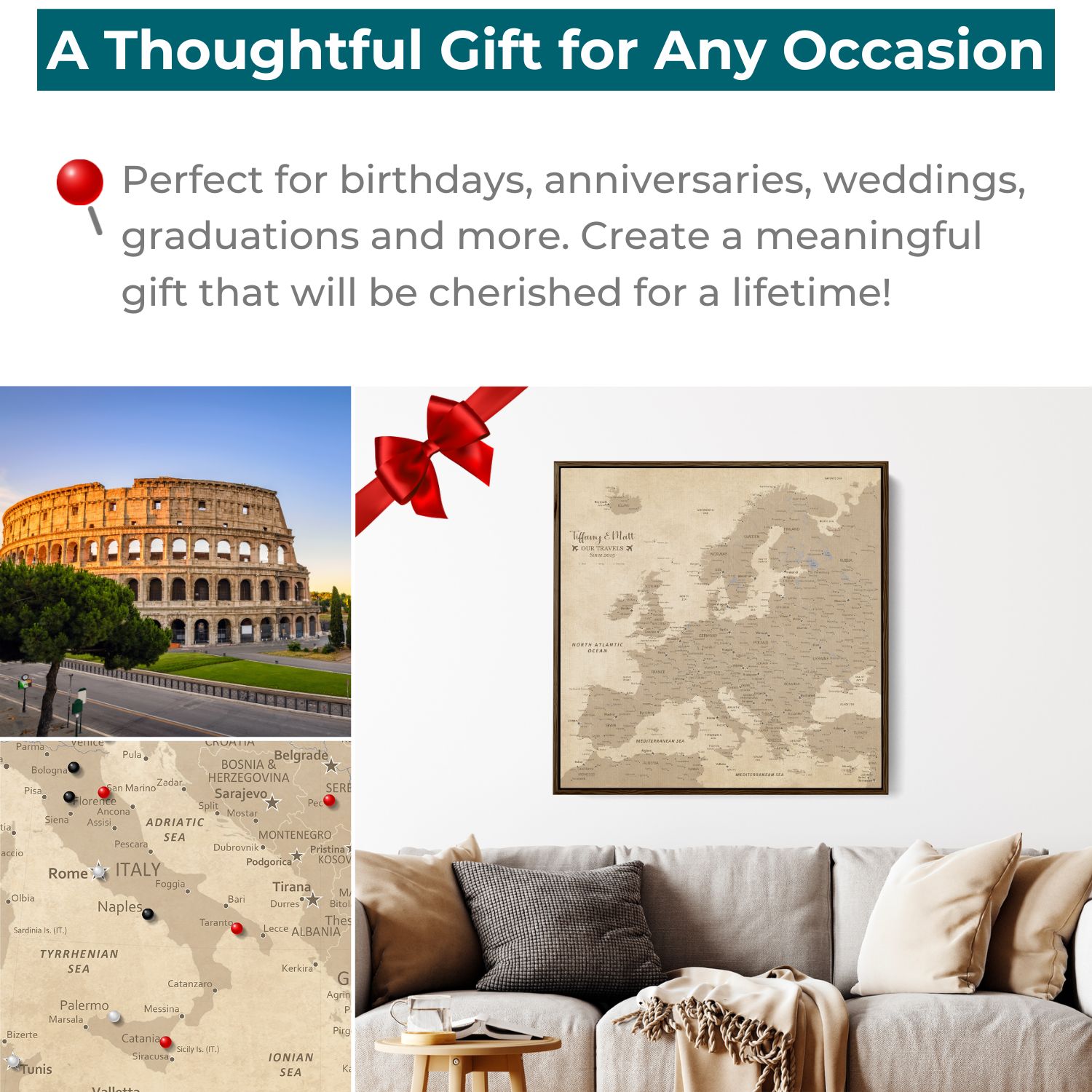 Vintage Europe travel map with pins displayed above living room sofa, shown as thoughtful gift idea