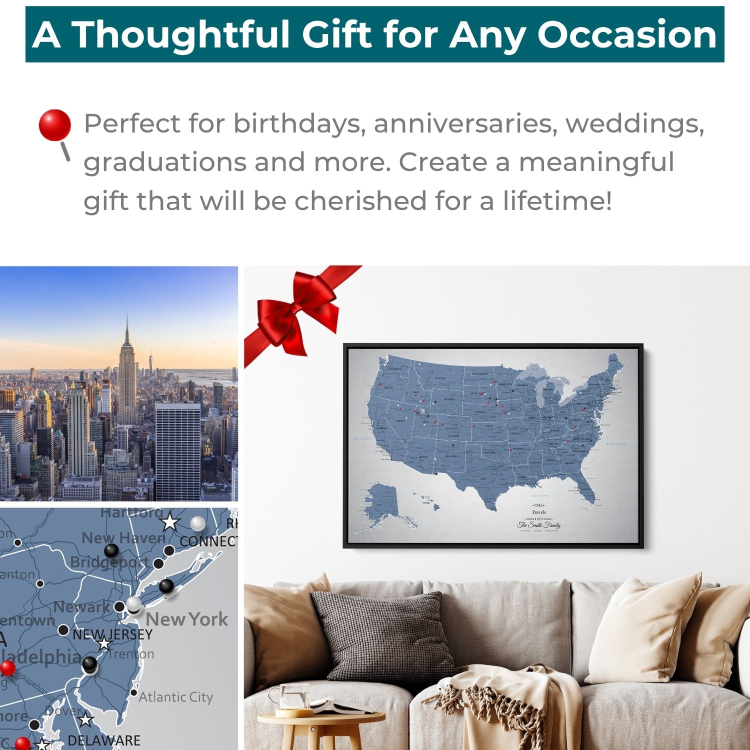 Personalized Blue Ice USA push pin travel map canvas framed above living room sofa, shown as thoughtful gift