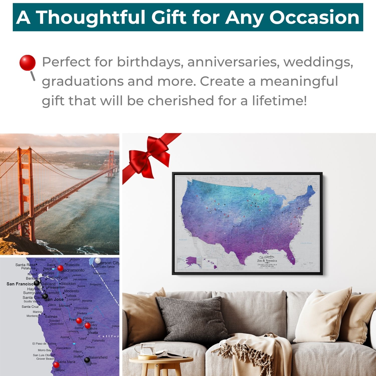 Vibrant violet watercolor USA travel map with pins displayed as thoughtful gift occasion