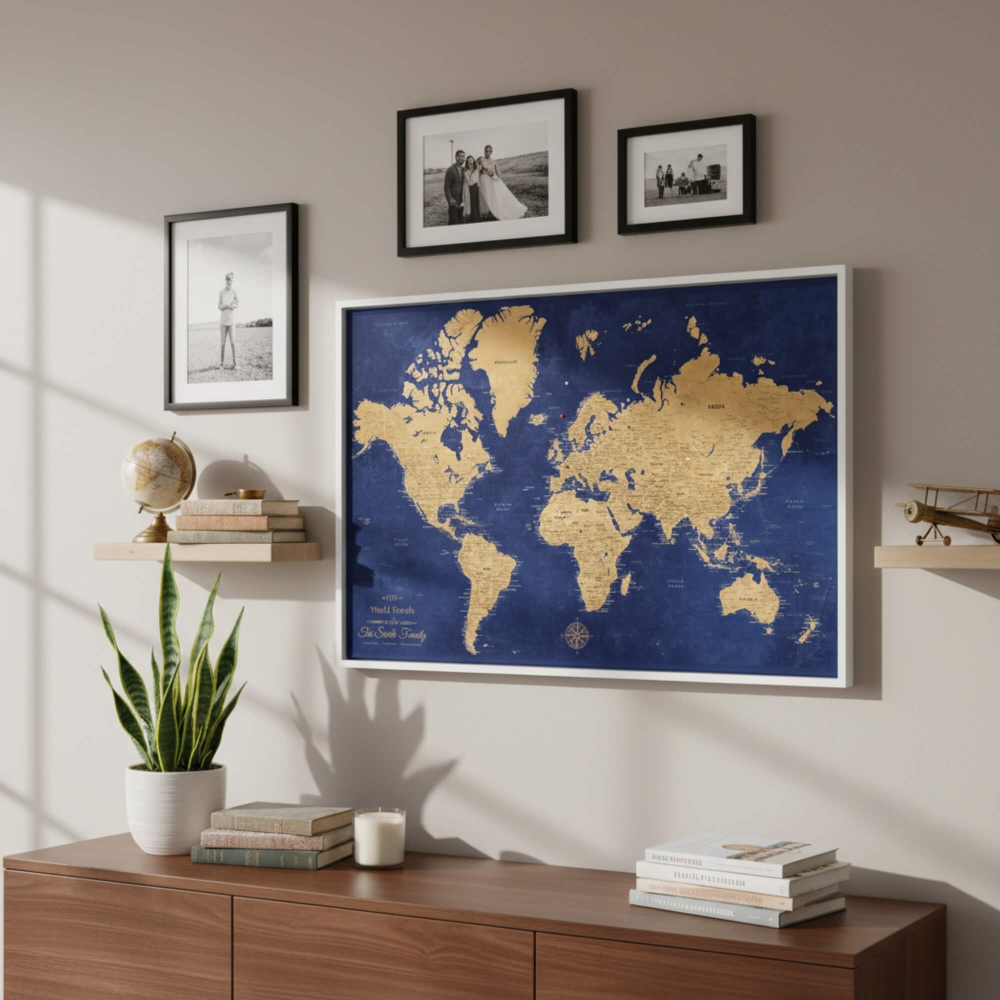 Canvas - Gold & Navy World Travel Map with pins