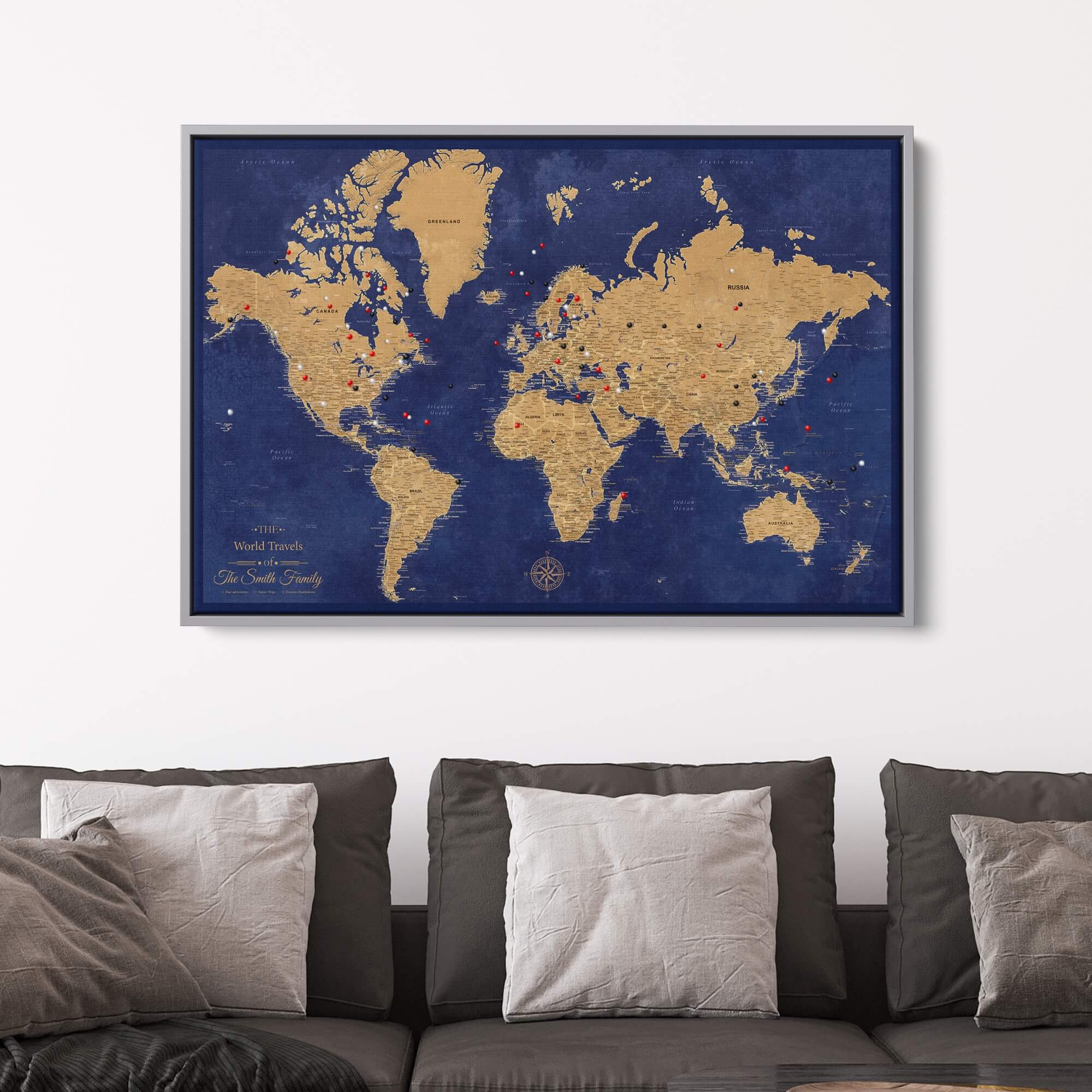 Canvas - Gold & Navy World Travel Map with pins