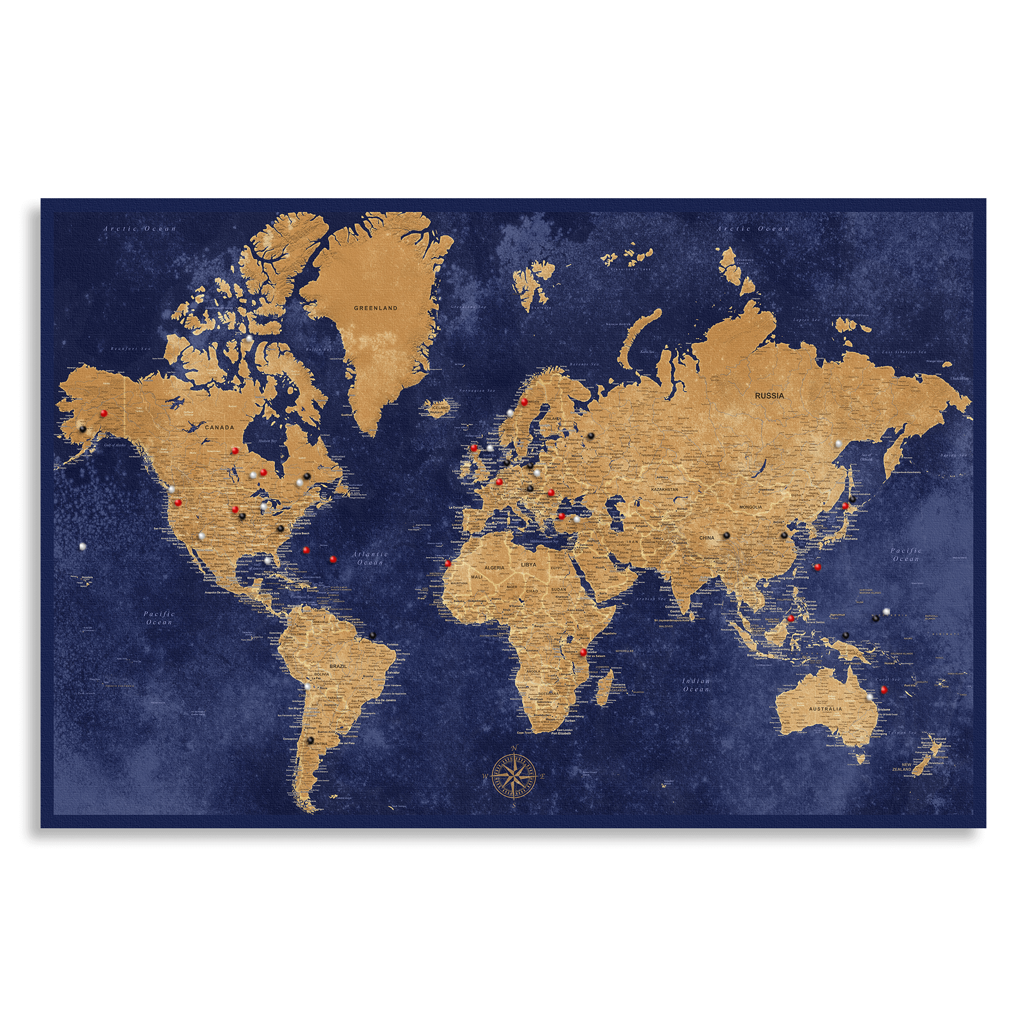 Gold & Navy World Map Rolled Canvas Poster