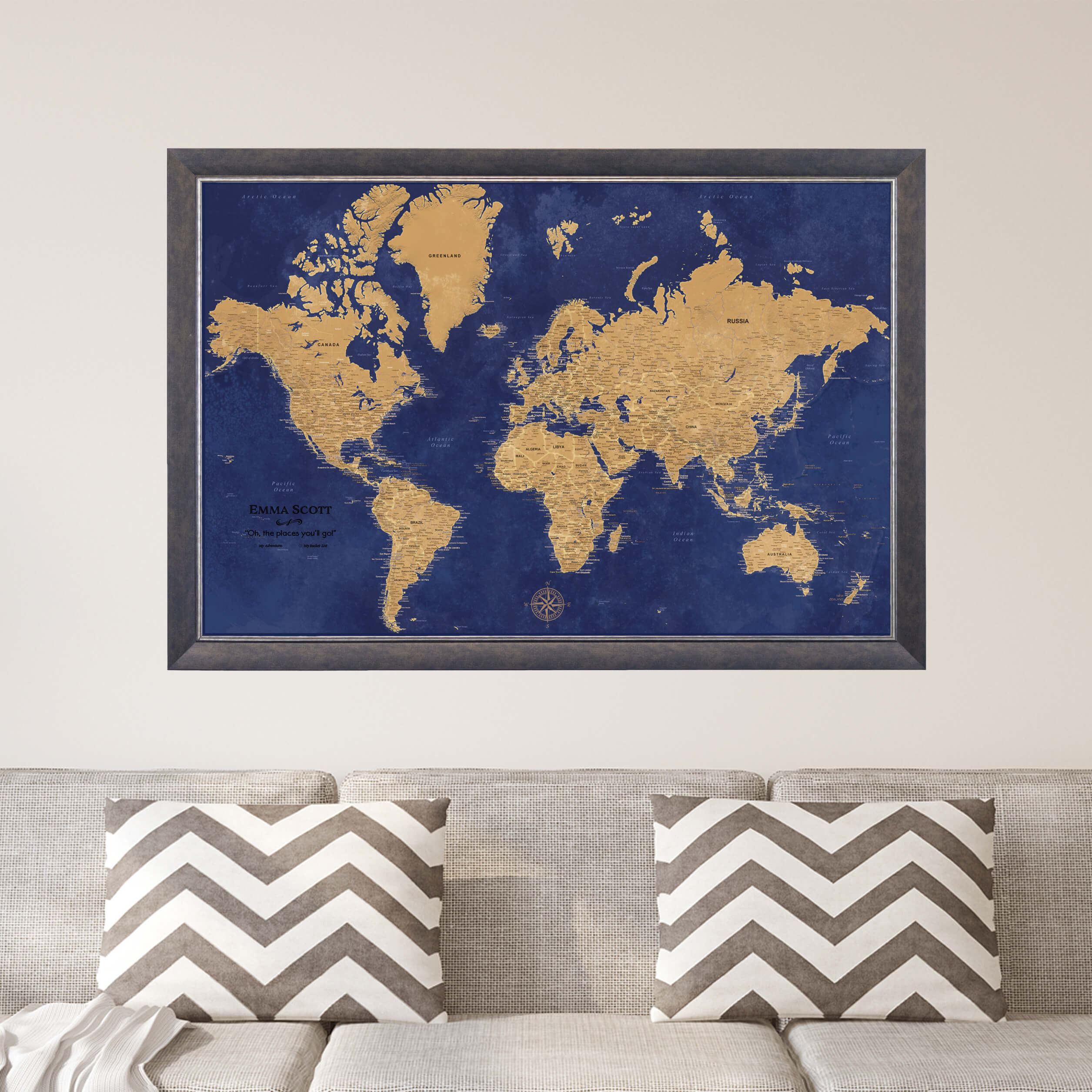 Canvas Gold & Navy Push Pin Travel Map in Premium Andover Suede Frame