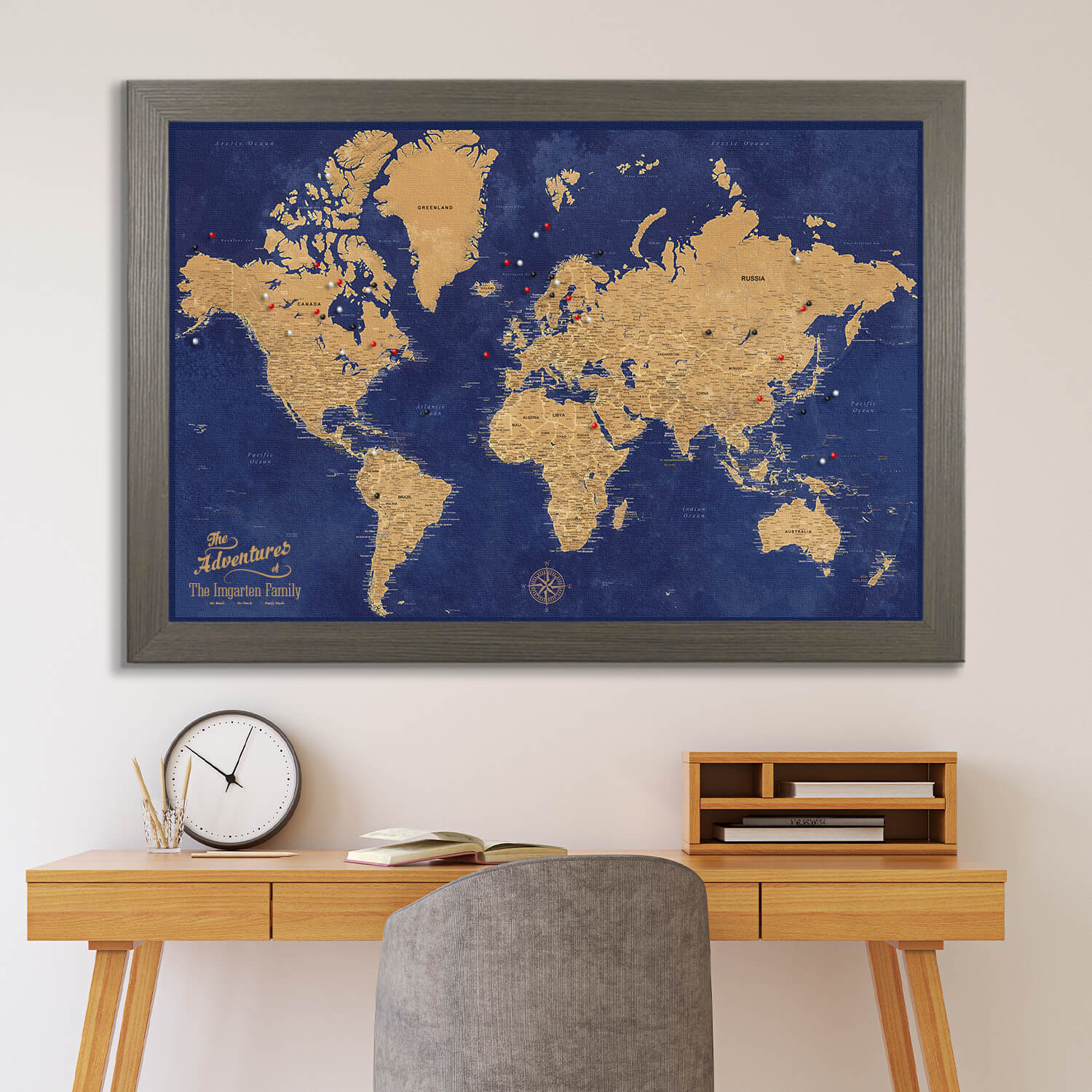 Canvas Gold & Navy Push Pin Travel Map in Barnwood Gray Frame