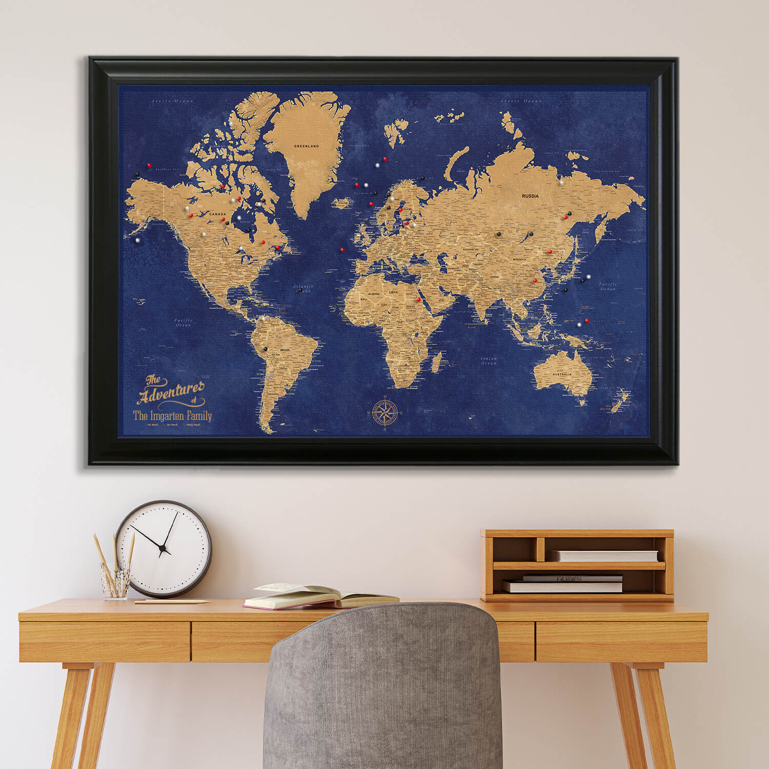 Canvas Gold & Navy Push Pin Travel Map in Black Frame