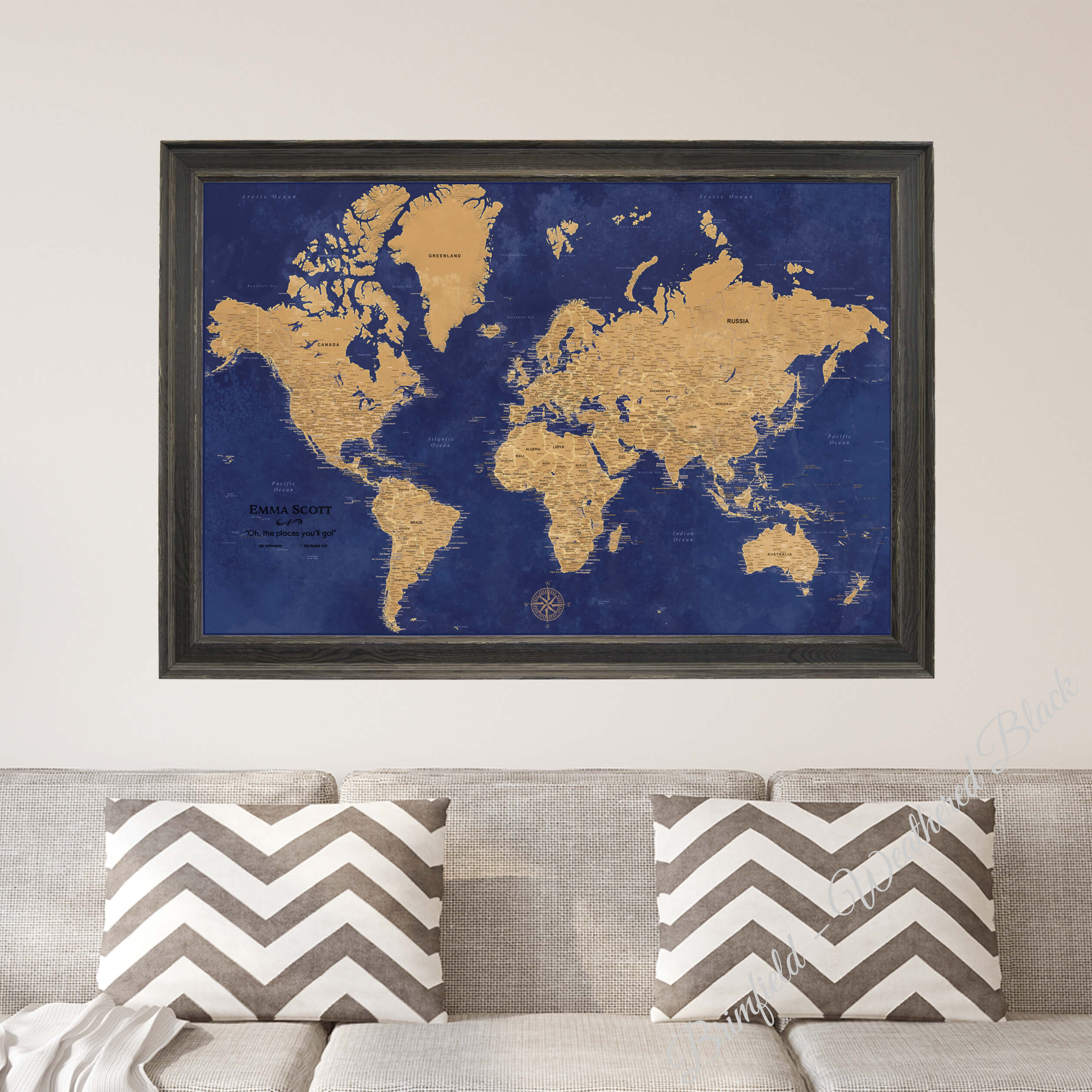 Canvas Gold & Navy Push Pin Travel Map in Premium Brimfield Weathered Black Frame