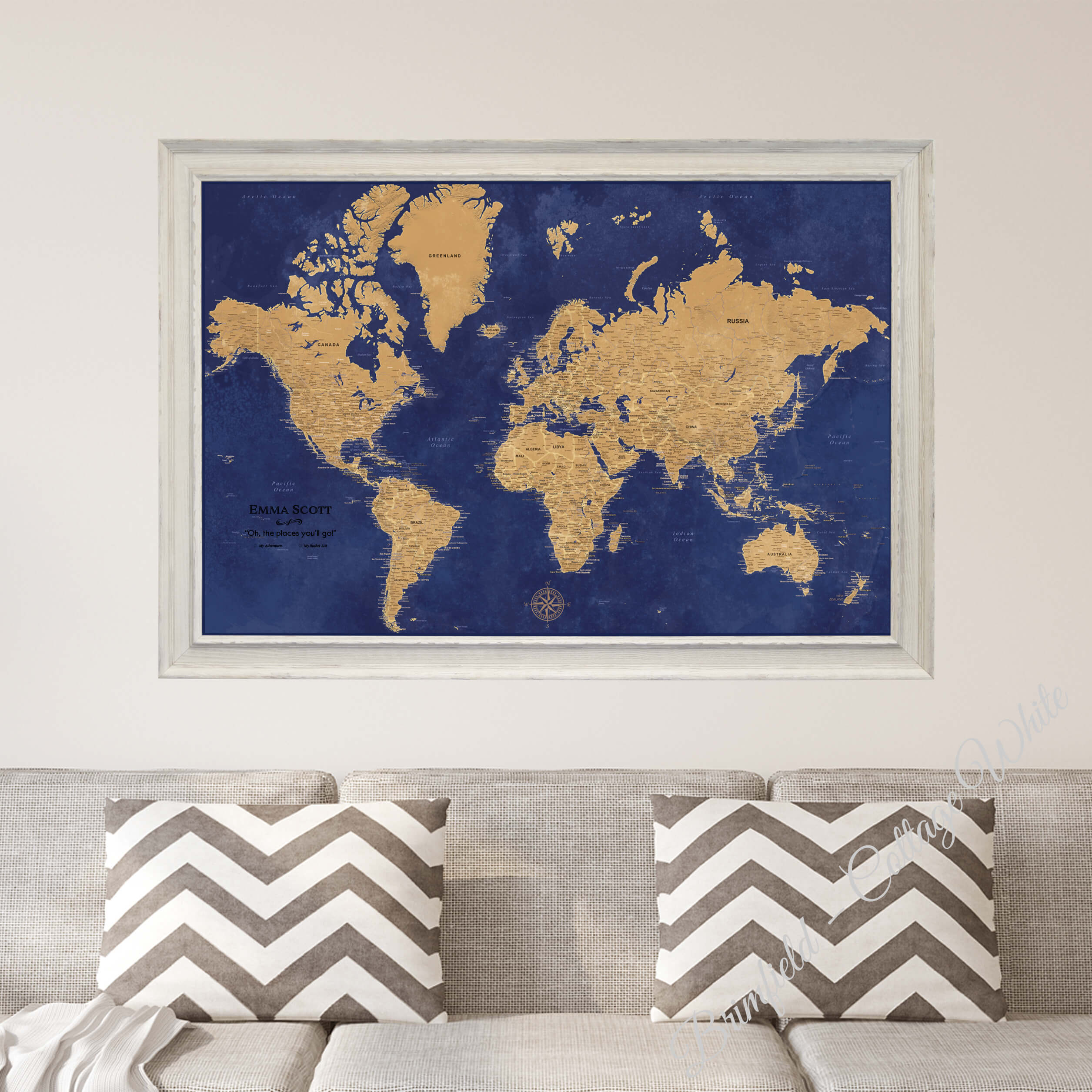 Canvas Gold & Navy Push Pin Travel Map in Premium Brimfield White Frame