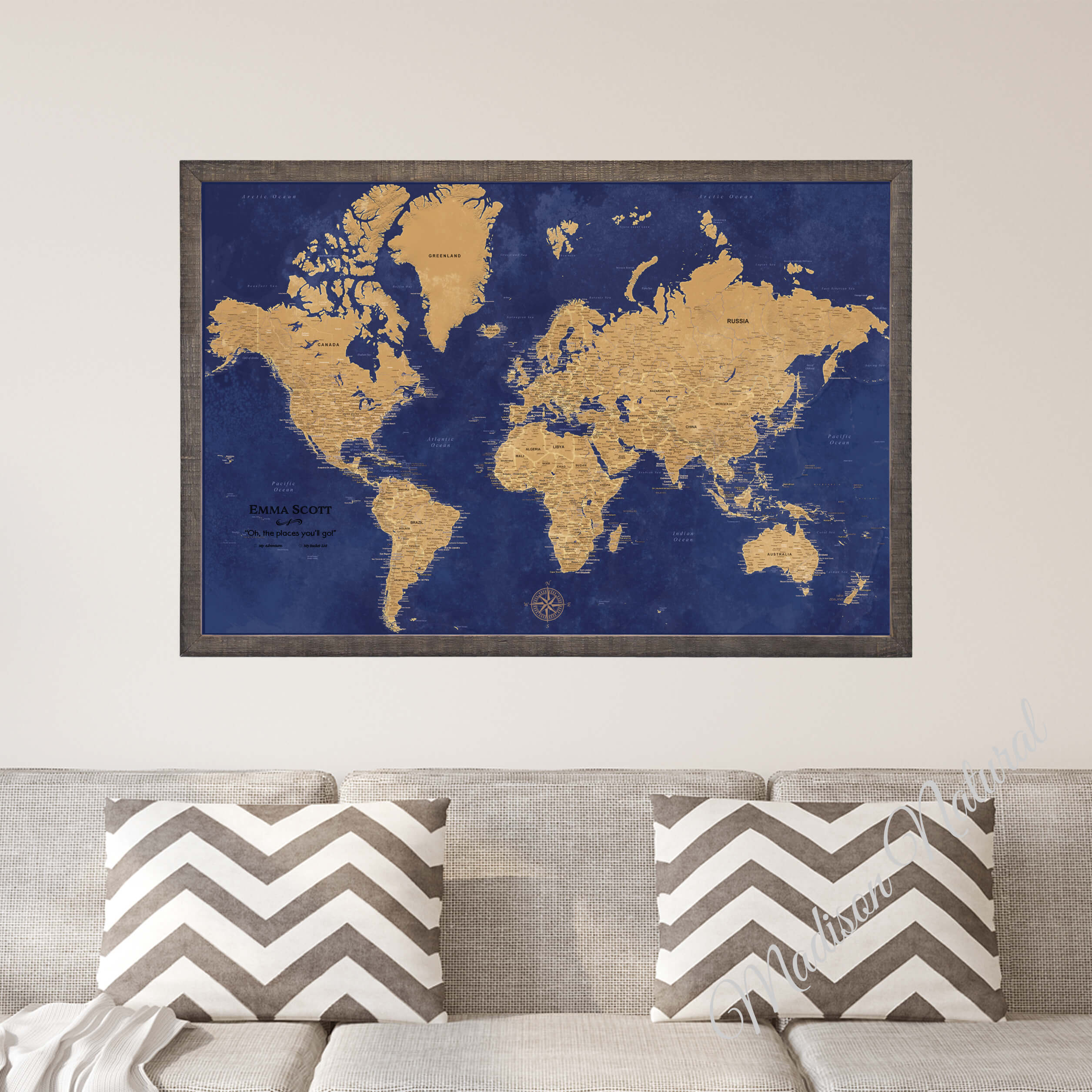 Canvas Gold & Navy Push Pin Travel Map in Premium Madison Natural Frame