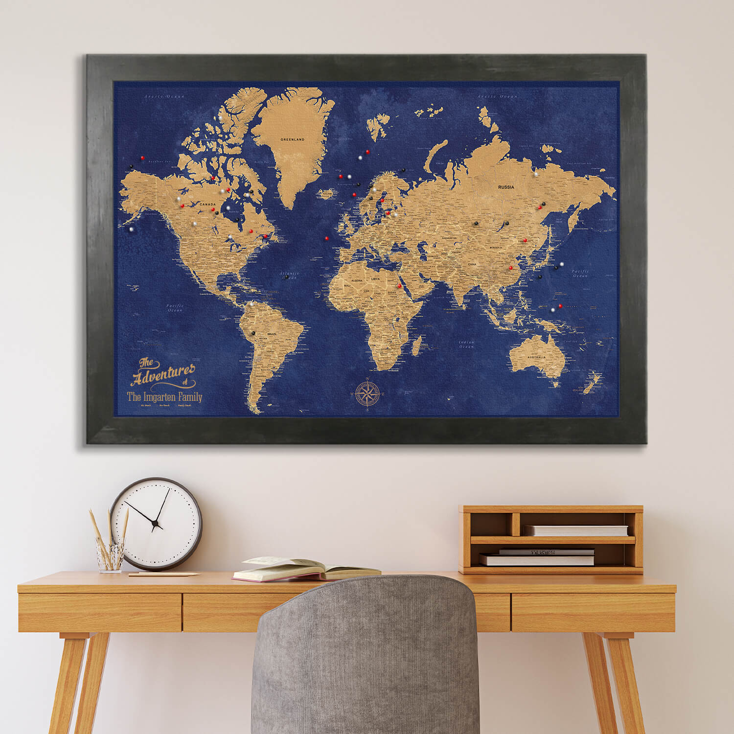 Canvas Gold & Navy Push Pin Travel Map in Rustic Black Frame