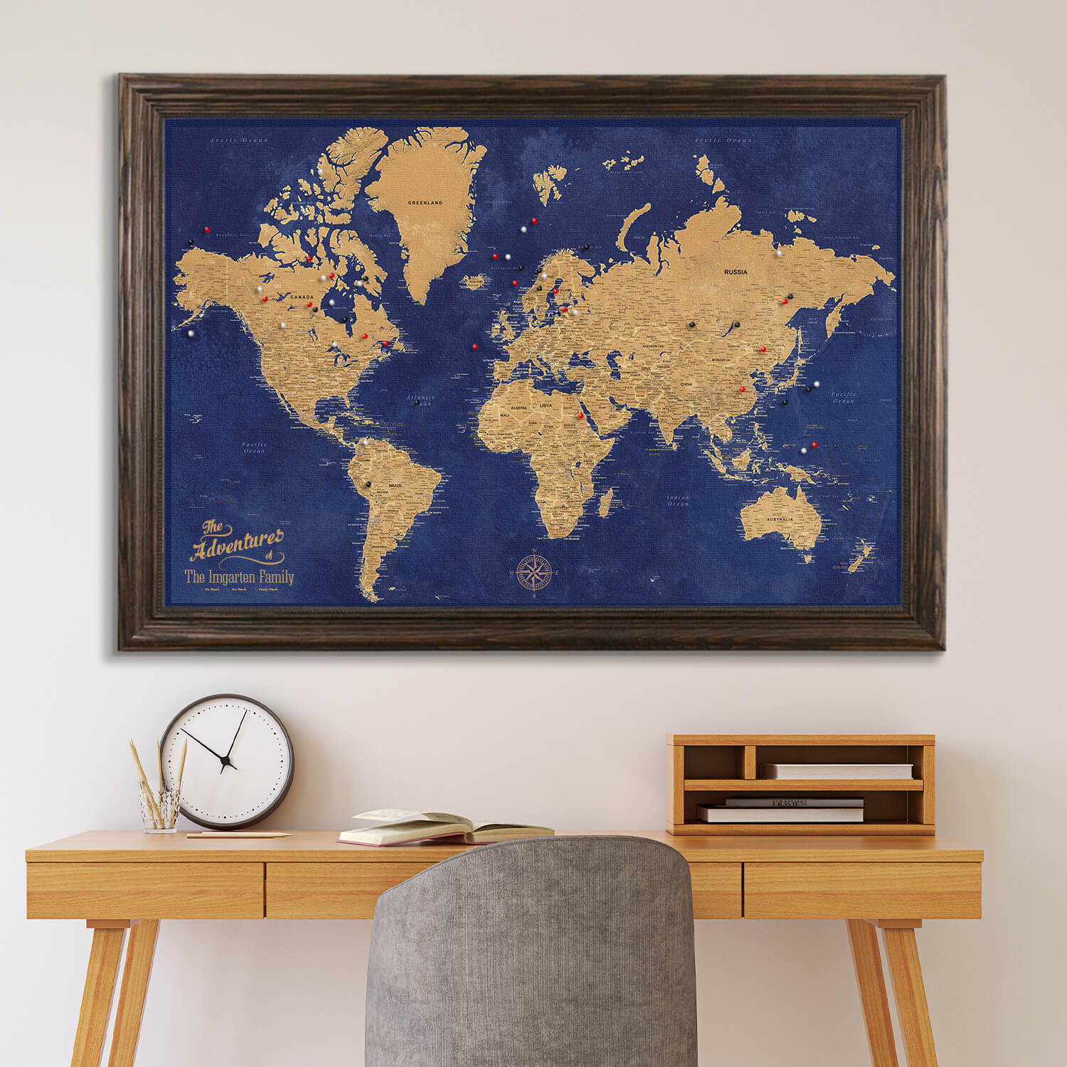 Canvas Gold & Navy Push Pin Travel Map in Solid Wood Brown Frame