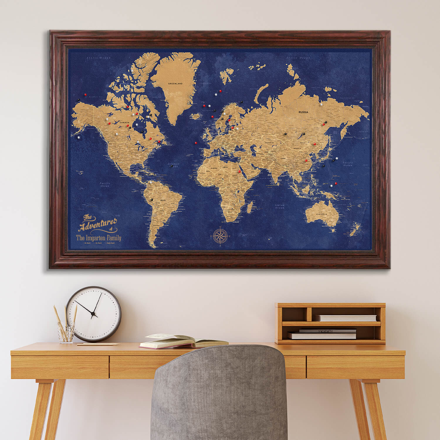 Canvas Gold & Navy Push Pin Travel Map in Solid Wood Cherry Frame