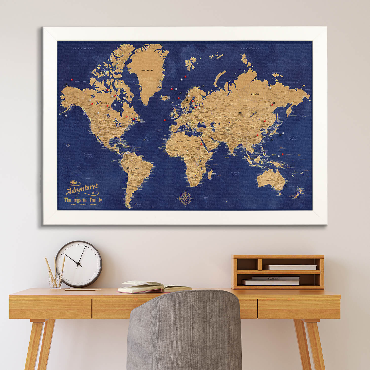 Canvas Gold & Navy Push Pin Travel Map in Textured White Frame