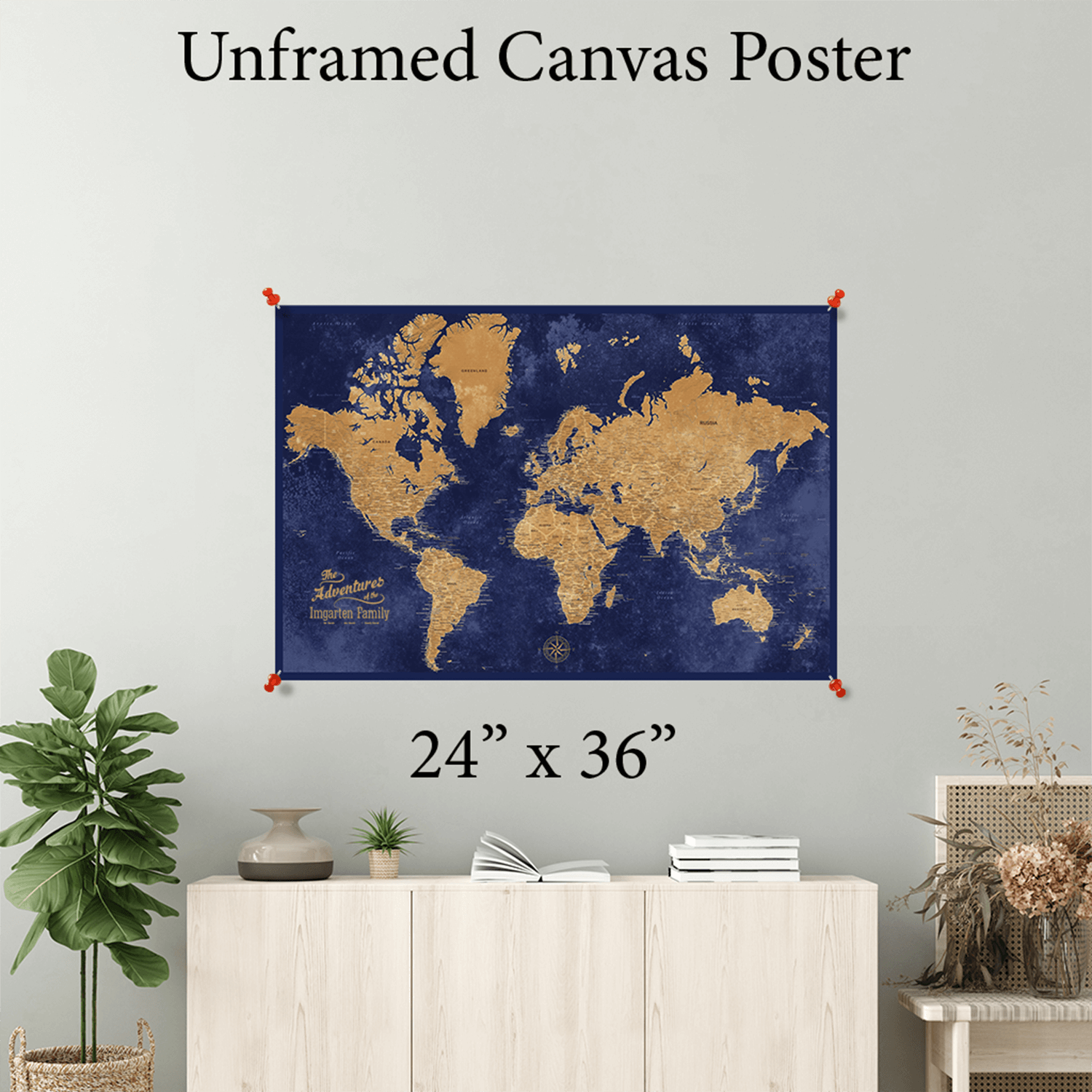 24x36" Gold & Navy World Map Rolled Canvas Poster