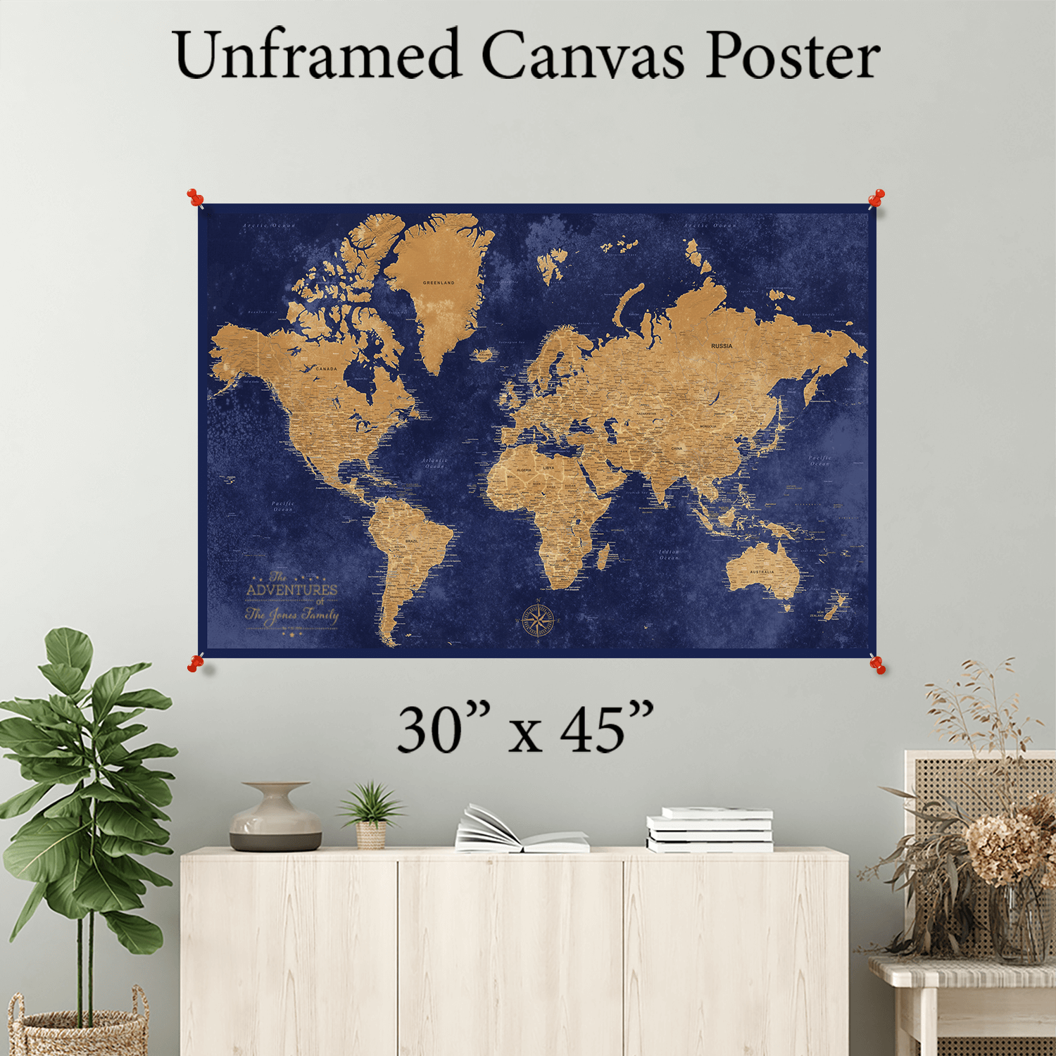 30x45" Gold & Navy World Map Rolled Canvas Poster