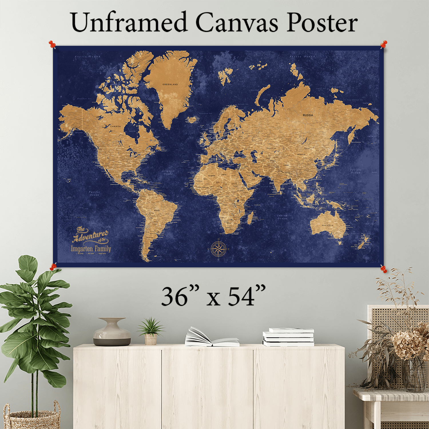 36x54" Gold & Navy World Map Rolled Canvas Poster