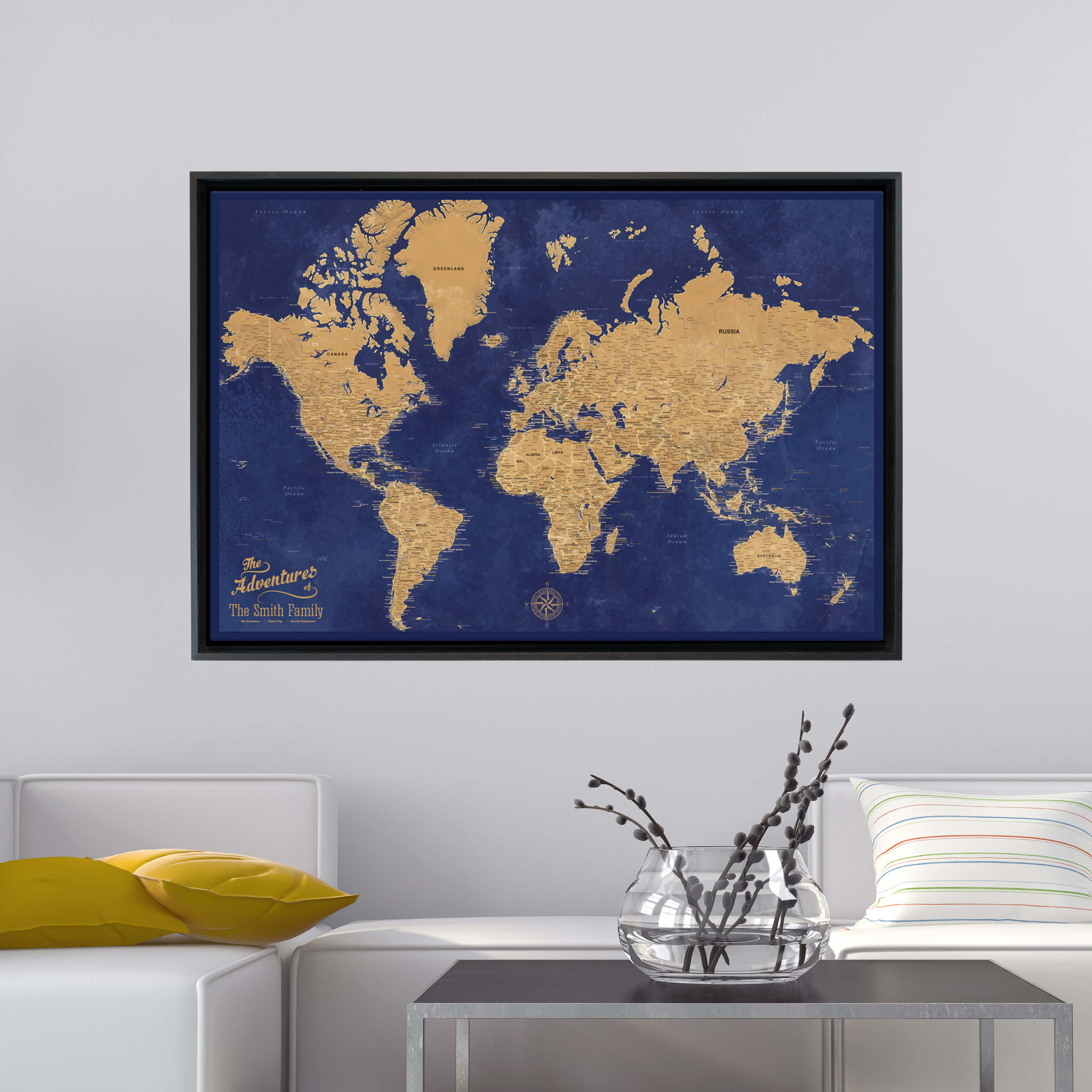 Gold and navy world map with pins in Black Float Mount Frame