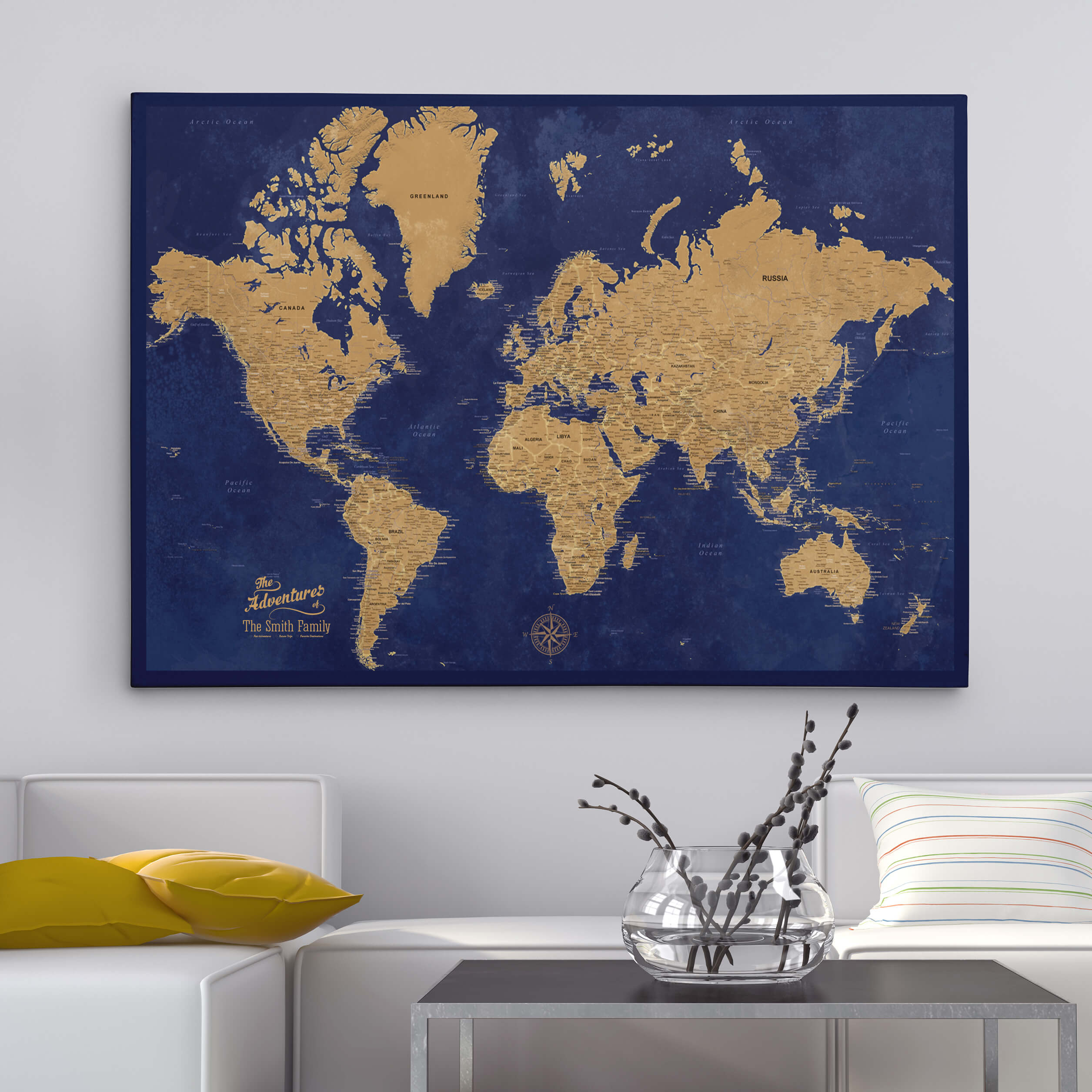 30"x45" Gold and Navy Gallery Wrapped Pinboard Map