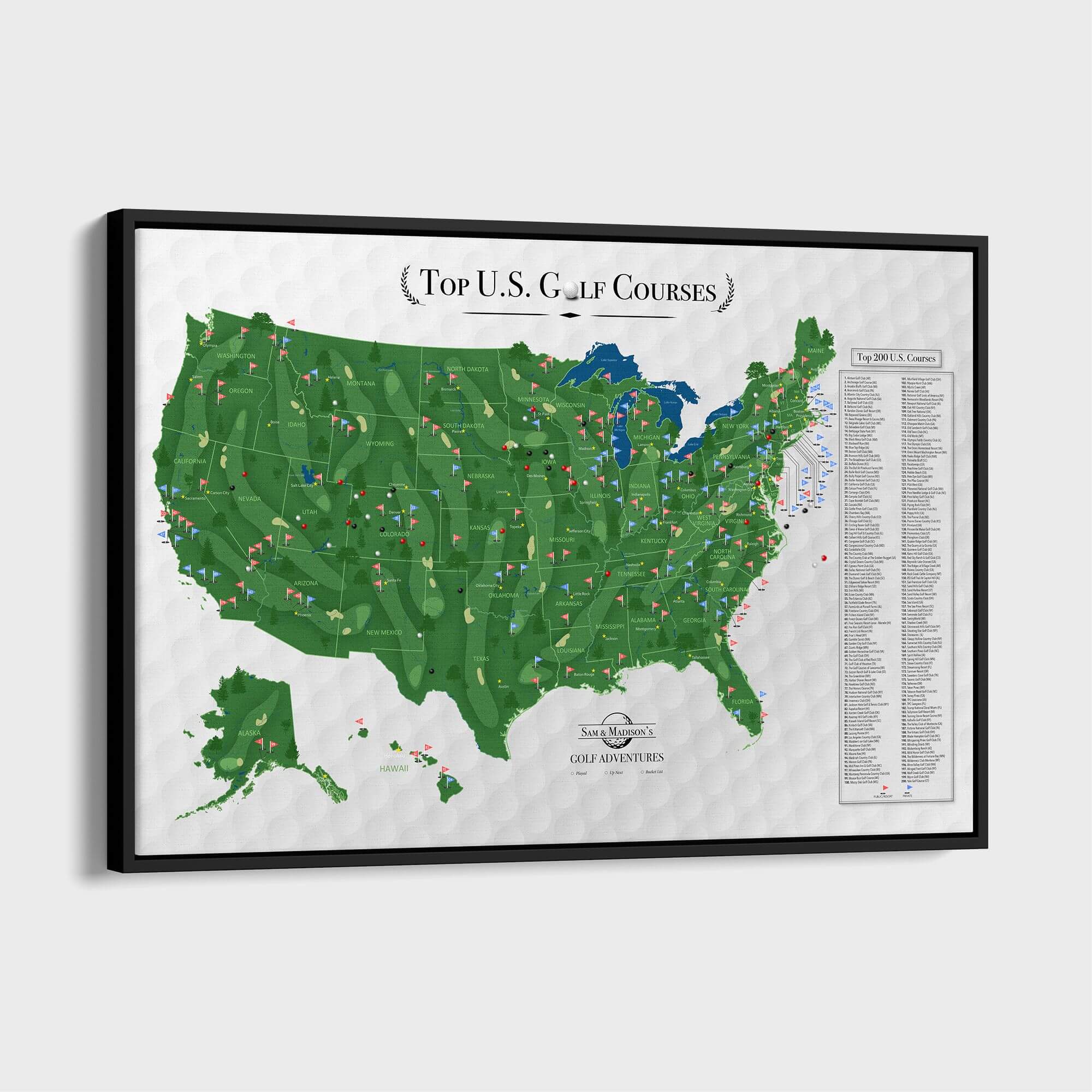 Black framed canvas Top US Golf Courses travel map with colorful pins marking locations nationwide
