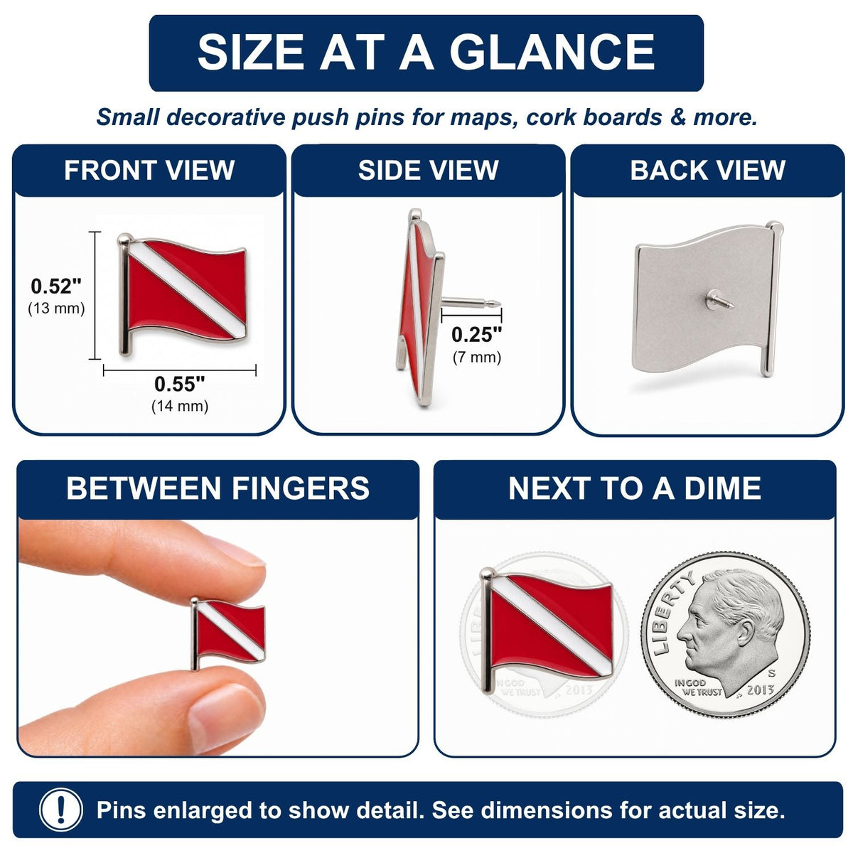 Scuba dive flag push pin size comparison chart showing front side back views and dime scale reference