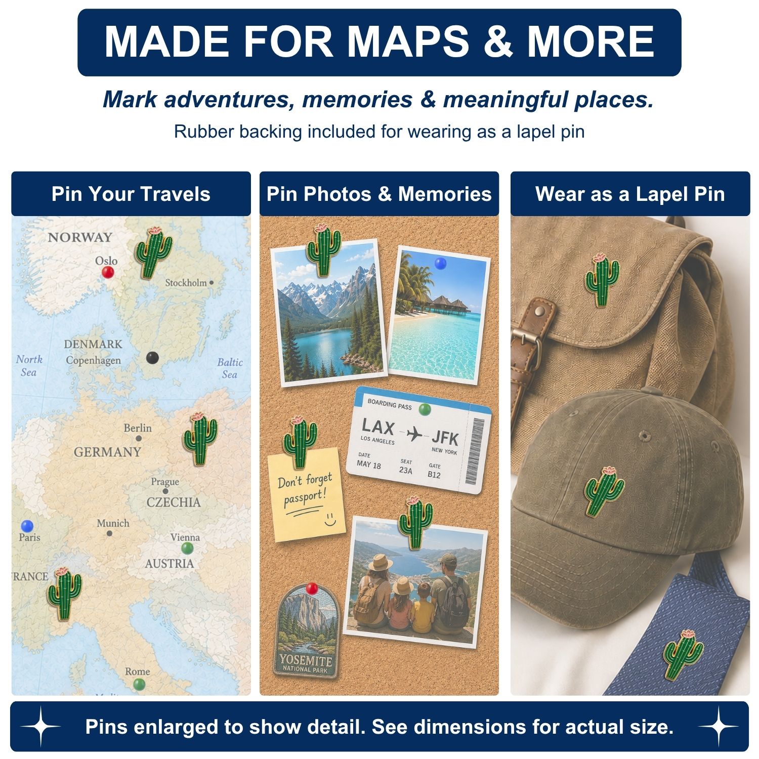 Green cactus enamel push pins marking Europe travel map, cork board photos, and worn as lapel pins on hat and bag