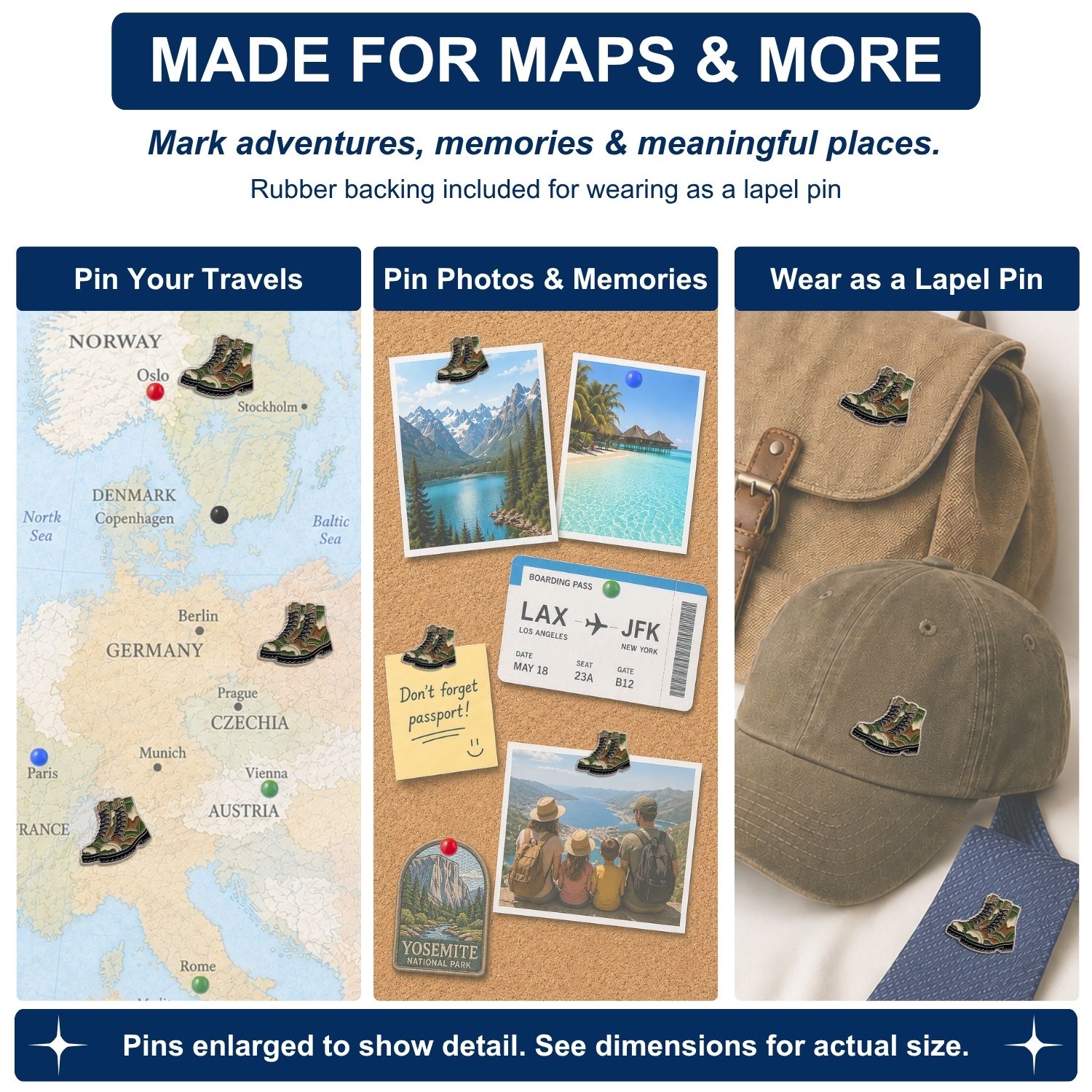 Camo combat boot push pins marking Europe travel map photos and lapel uses