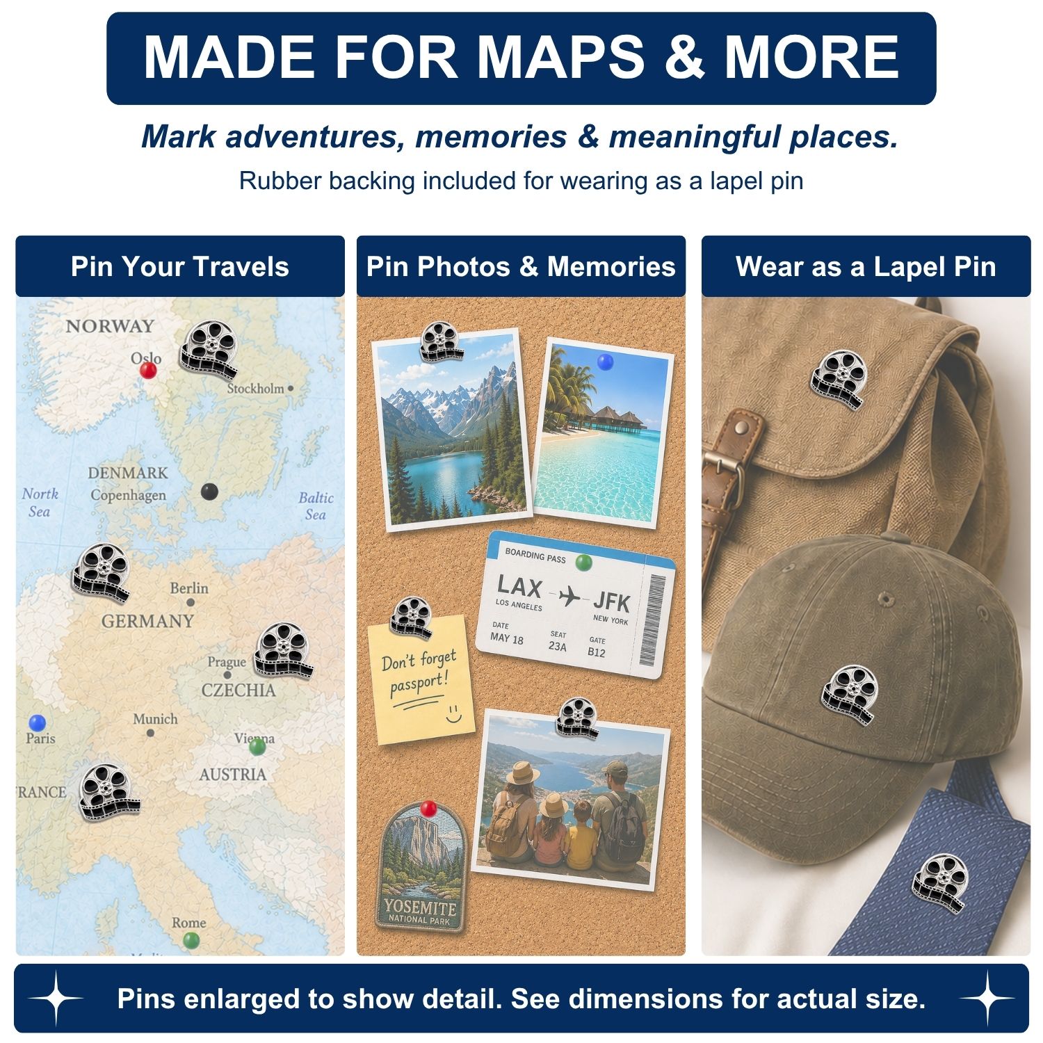 Movie reel enamel push pins used on Europe travel map, cork board, hat, and bag as lapel pins