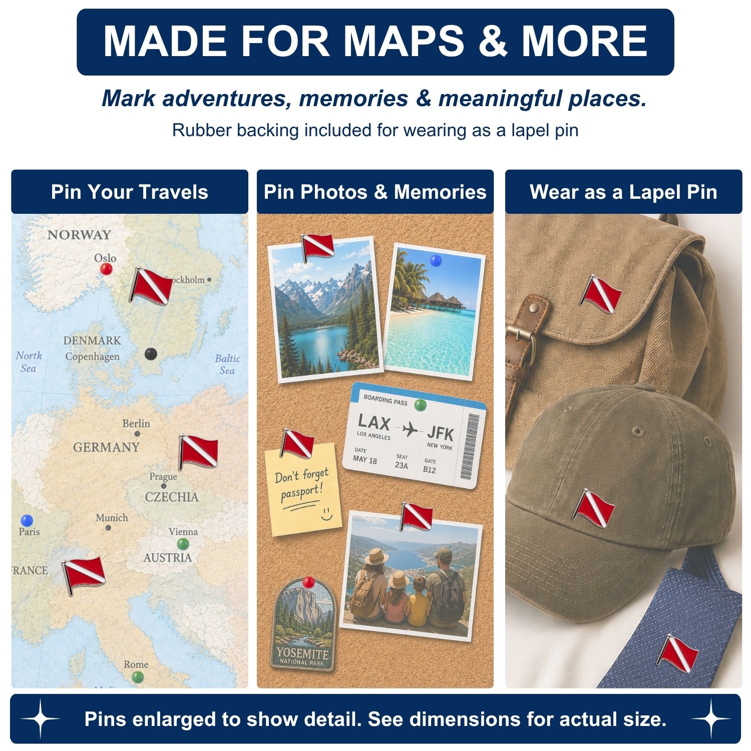 Scuba dive flag enamel push pins marking travel destinations on Europe map cork board and lapel