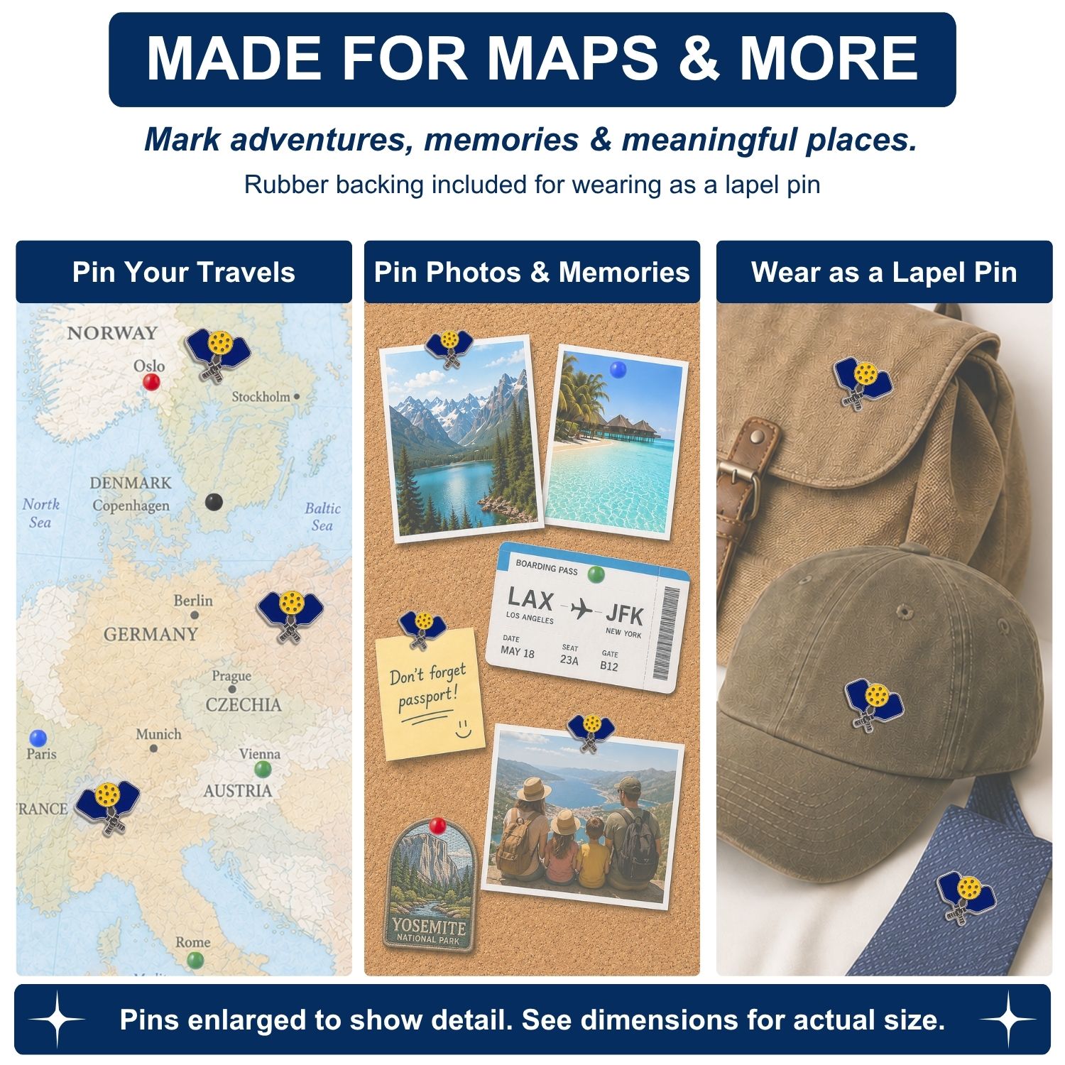 Pickleball push pins marking Europe travel map cork board photos and khaki hat bag lapel uses