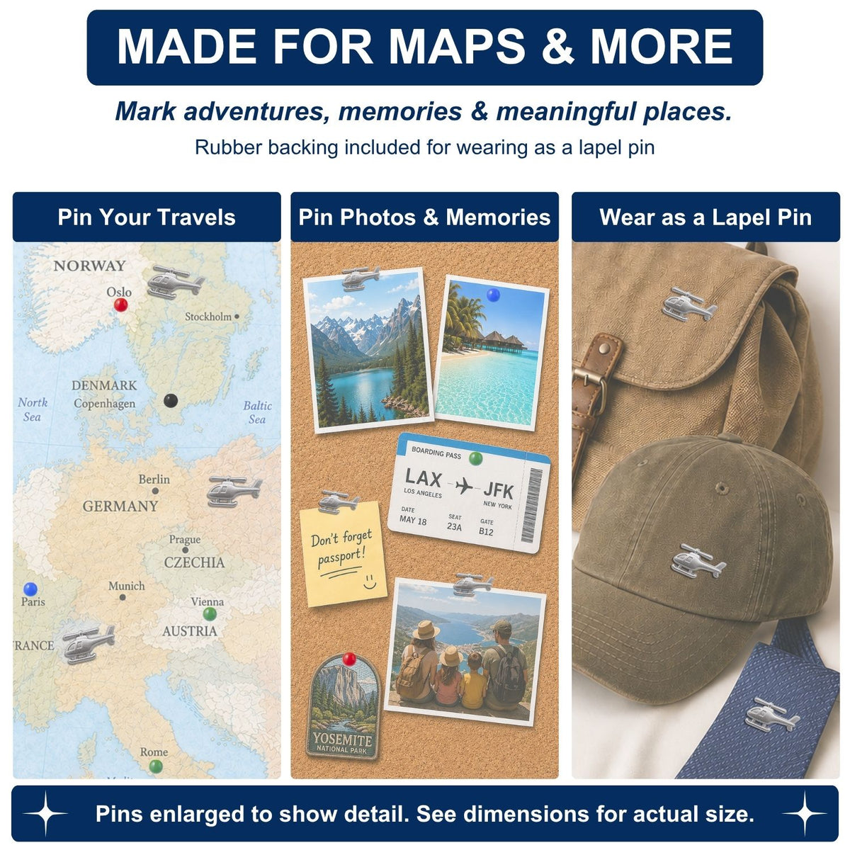 Silver helicopter push pins used on Europe travel map, cork board photos, hat, bag, and tie lapel