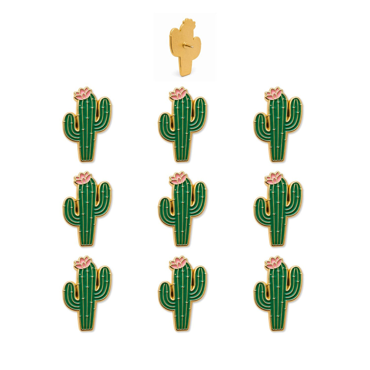 Nine green gold-rimmed cactus enamel push pins with pink blooms shown front and back view