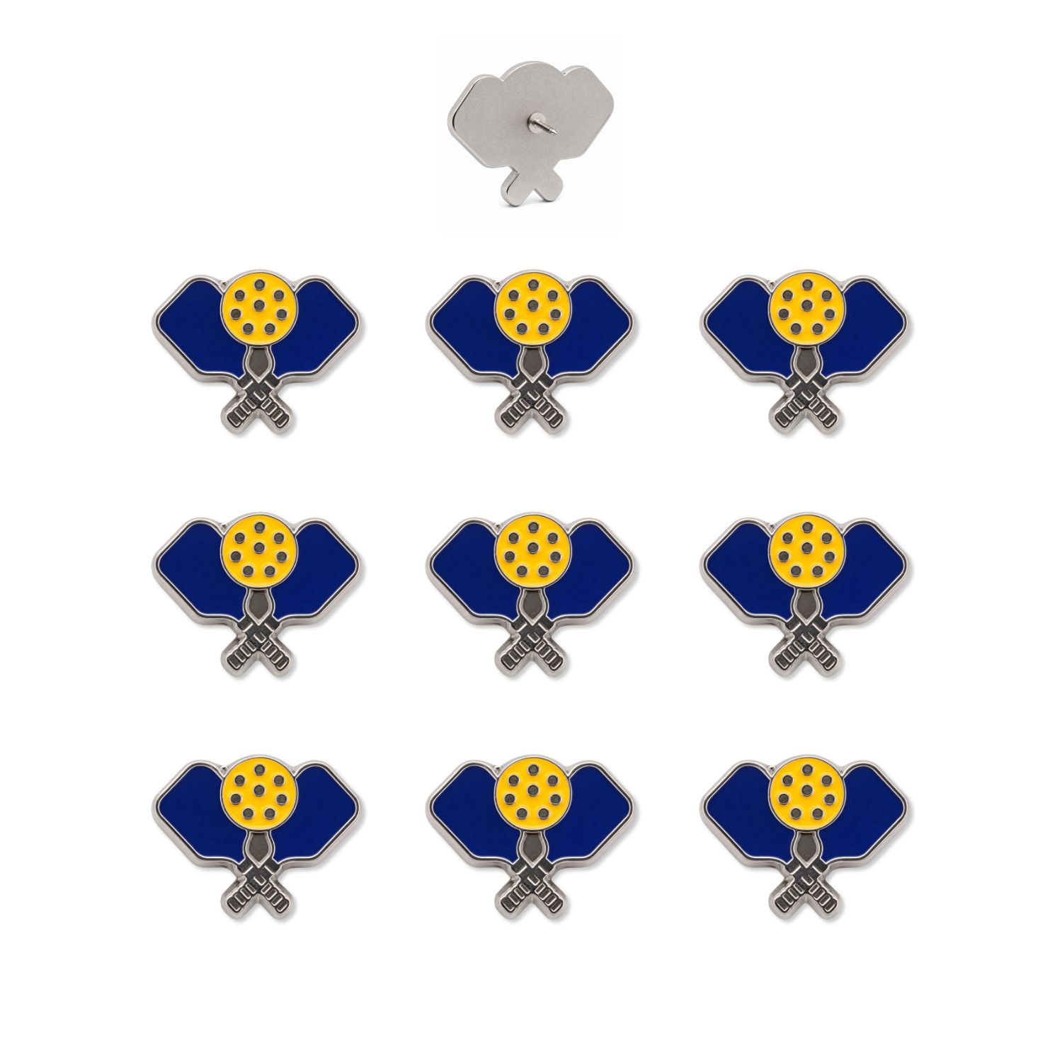Set of nine navy blue enamel pickleball paddle push pins with yellow ball detail and silver backs