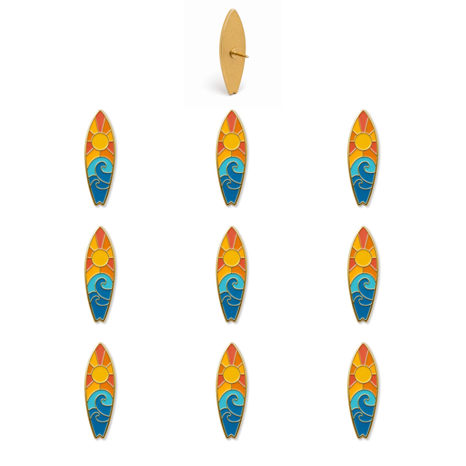 Ten colorful surfboard enamel push pins featuring sunset sky and blue wave design with gold metal backing shown