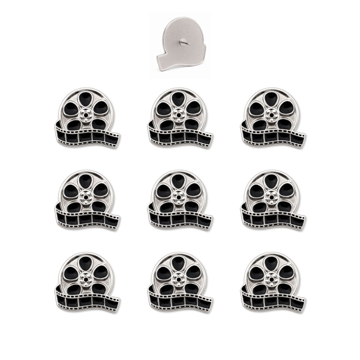 Nine silver and black enamel movie reel push pins with unspooling film strip detail, butterfly clutch backing shown separately