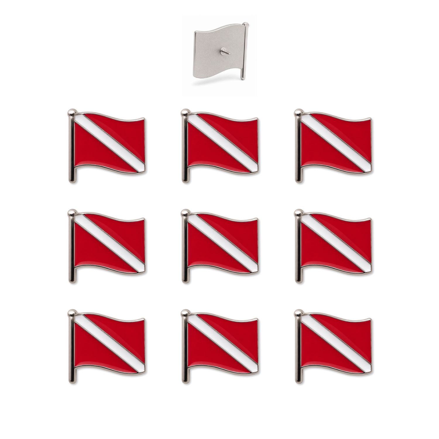 Set of nine red white diver down flag enamel scuba diving push pins with silver nickel flagpole