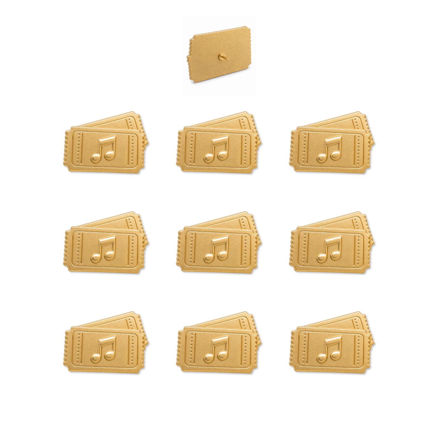 Nine gold metal concert ticket push pins with music notes, showing front and pin-back views