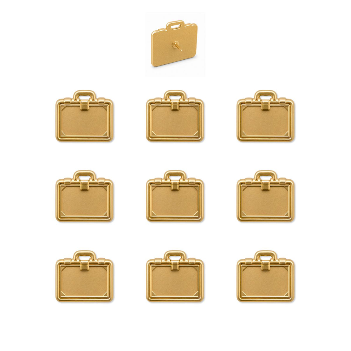 Set of ten gold metal briefcase push pins with 3D detail and pin backing shown on white background