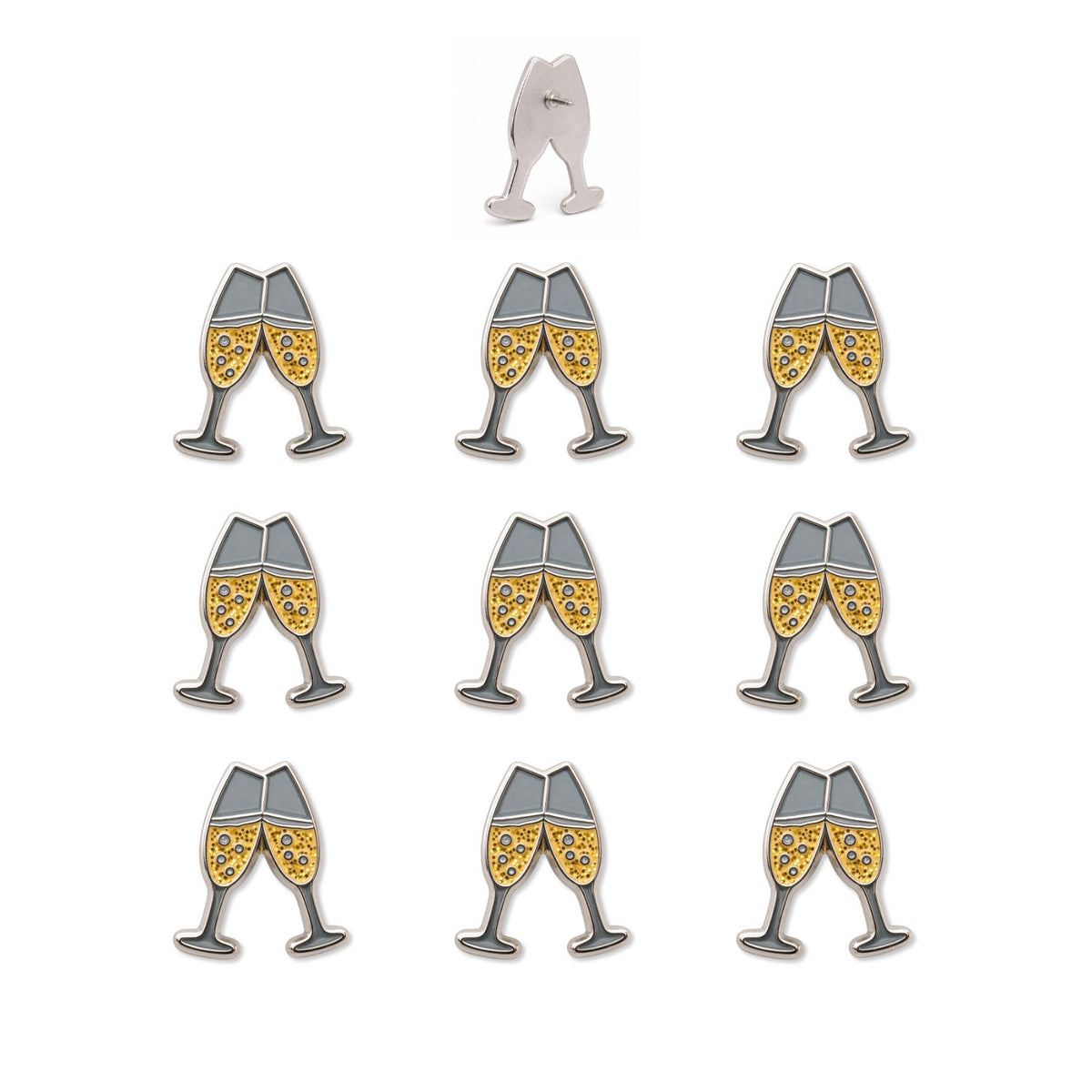 Set of nine champagne toast enamel push pins with gold glitter and silver nickel finish, back view shown top center