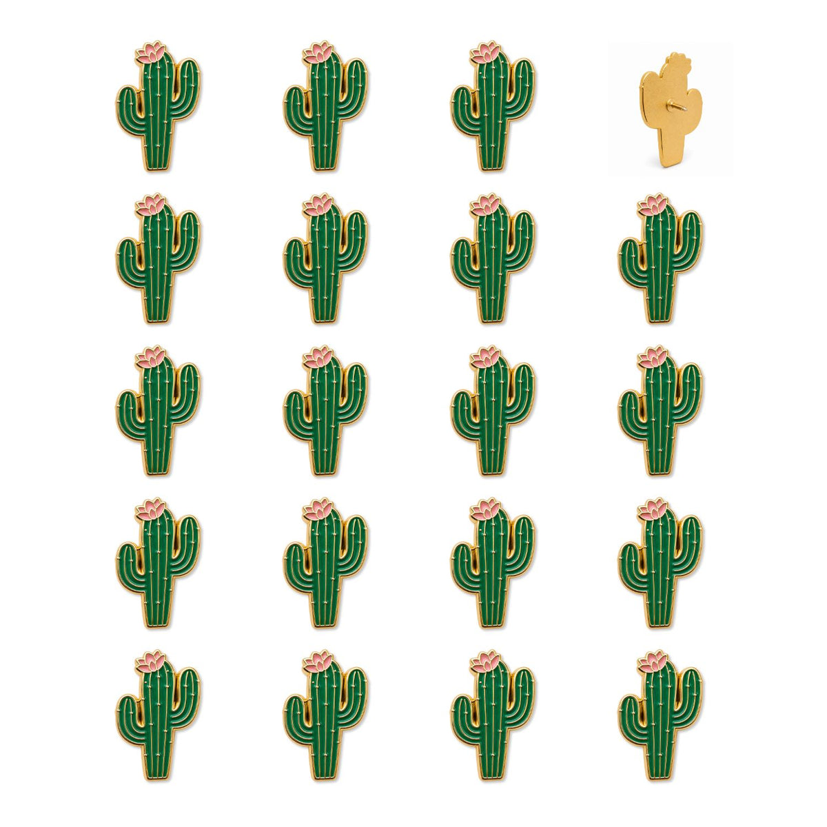 Set of 20 green gold enamel cactus push pins with pink blooms showing front and back views