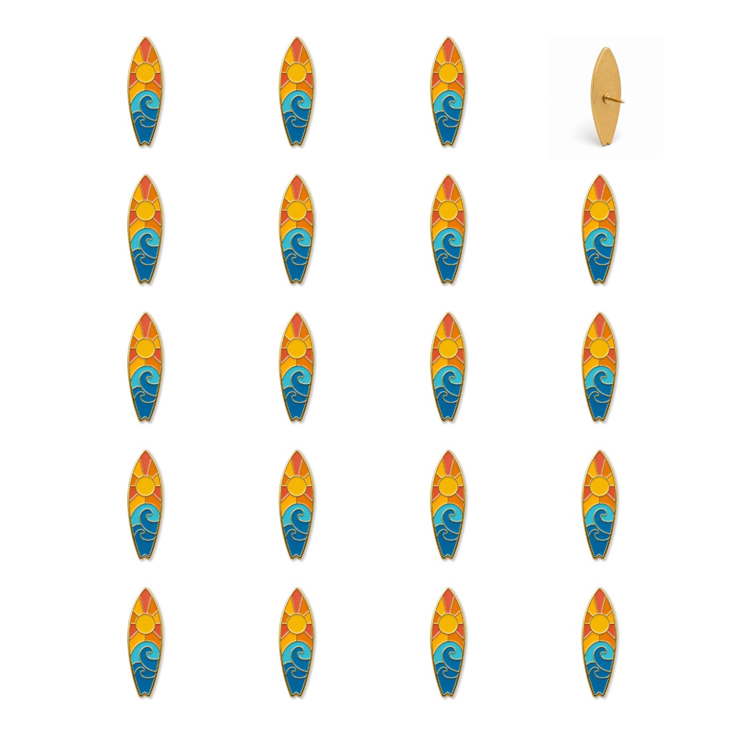 Bulk set of surfboard enamel push pins featuring sunset sun and blue ocean wave design with gold backing pin shown reverse side