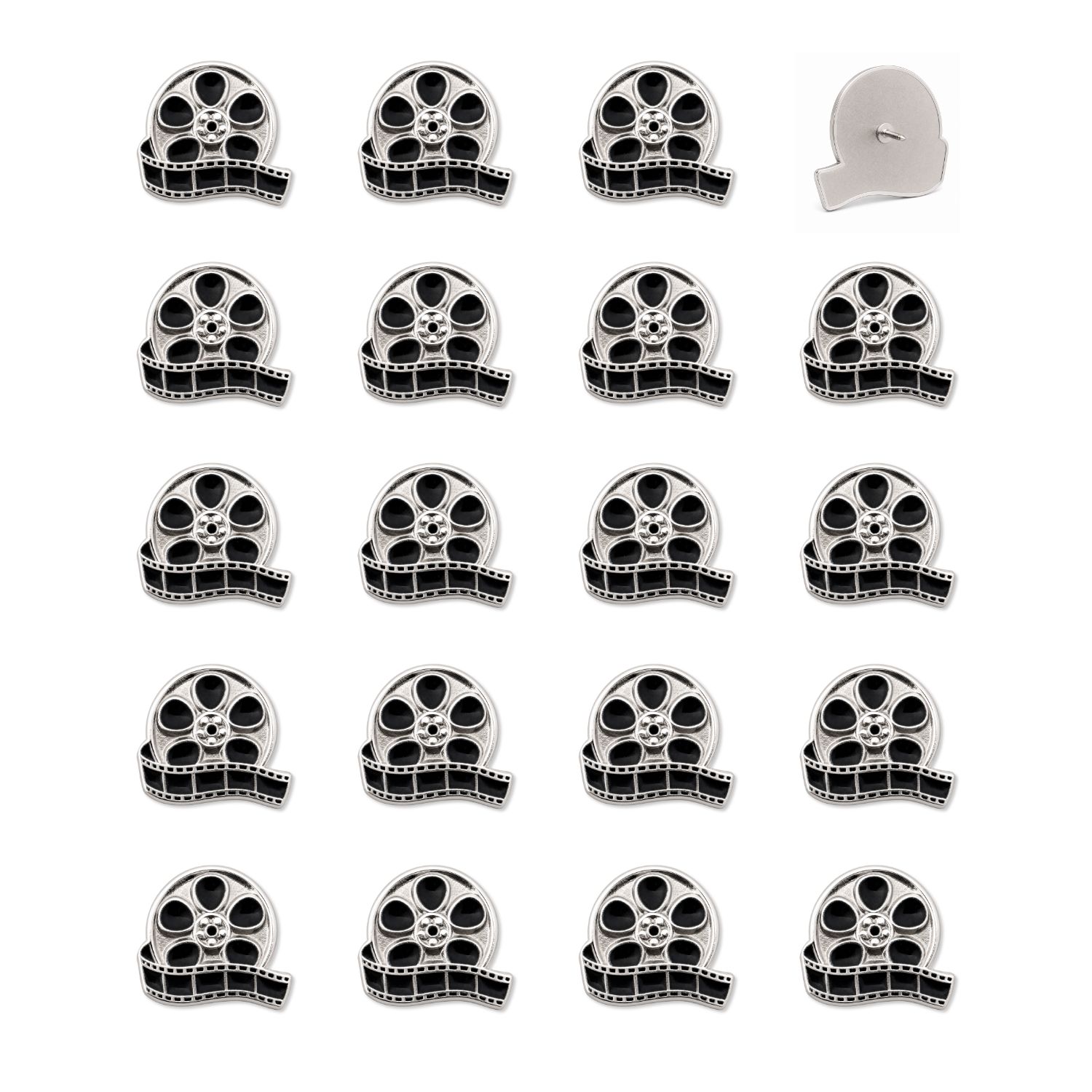 Set of 19 silver black enamel movie reel push pins with unspooling film strip detail