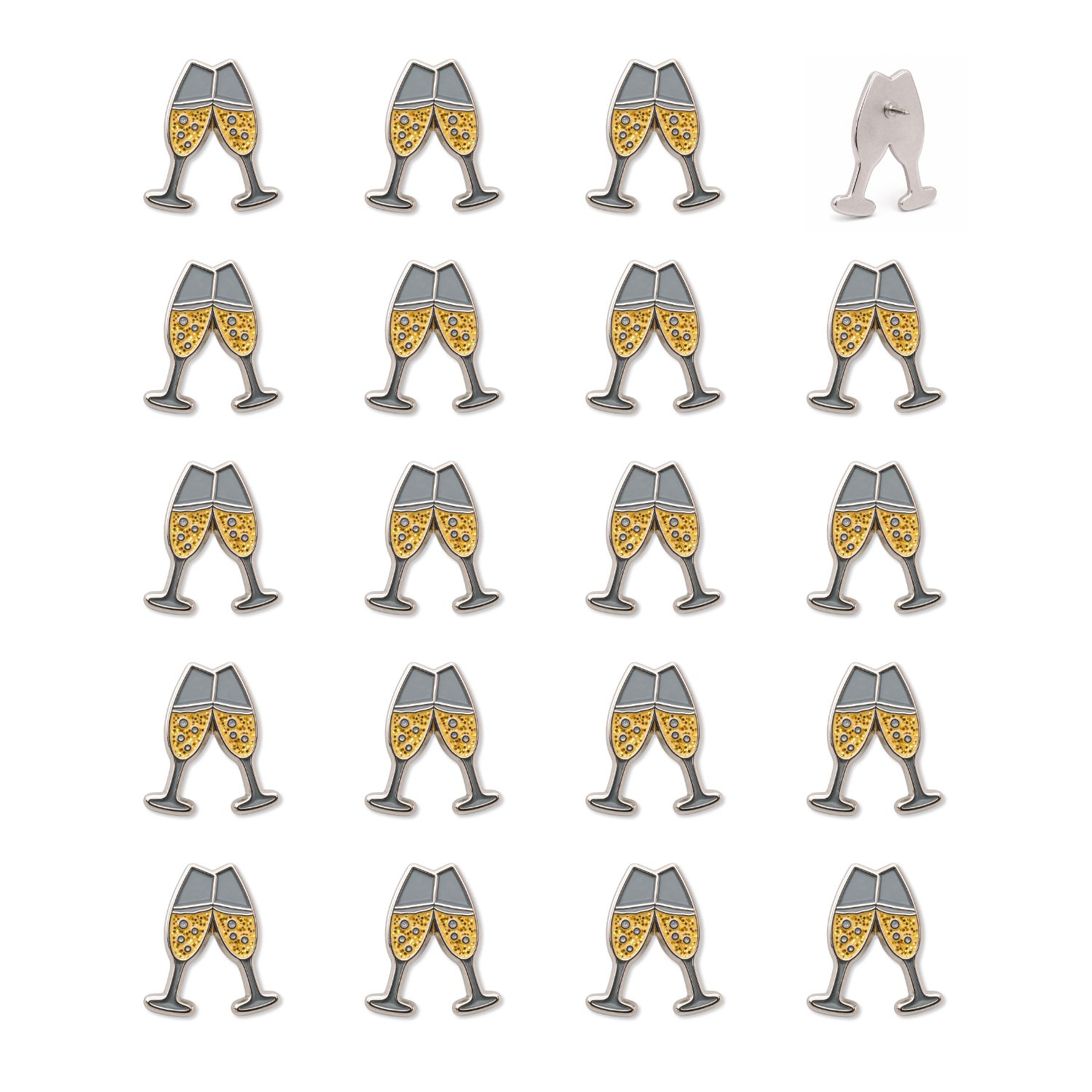 Grid of 20 champagne toast enamel push pins with gold glitter flutes and silver nickel outlines, one showing back pin mechanism